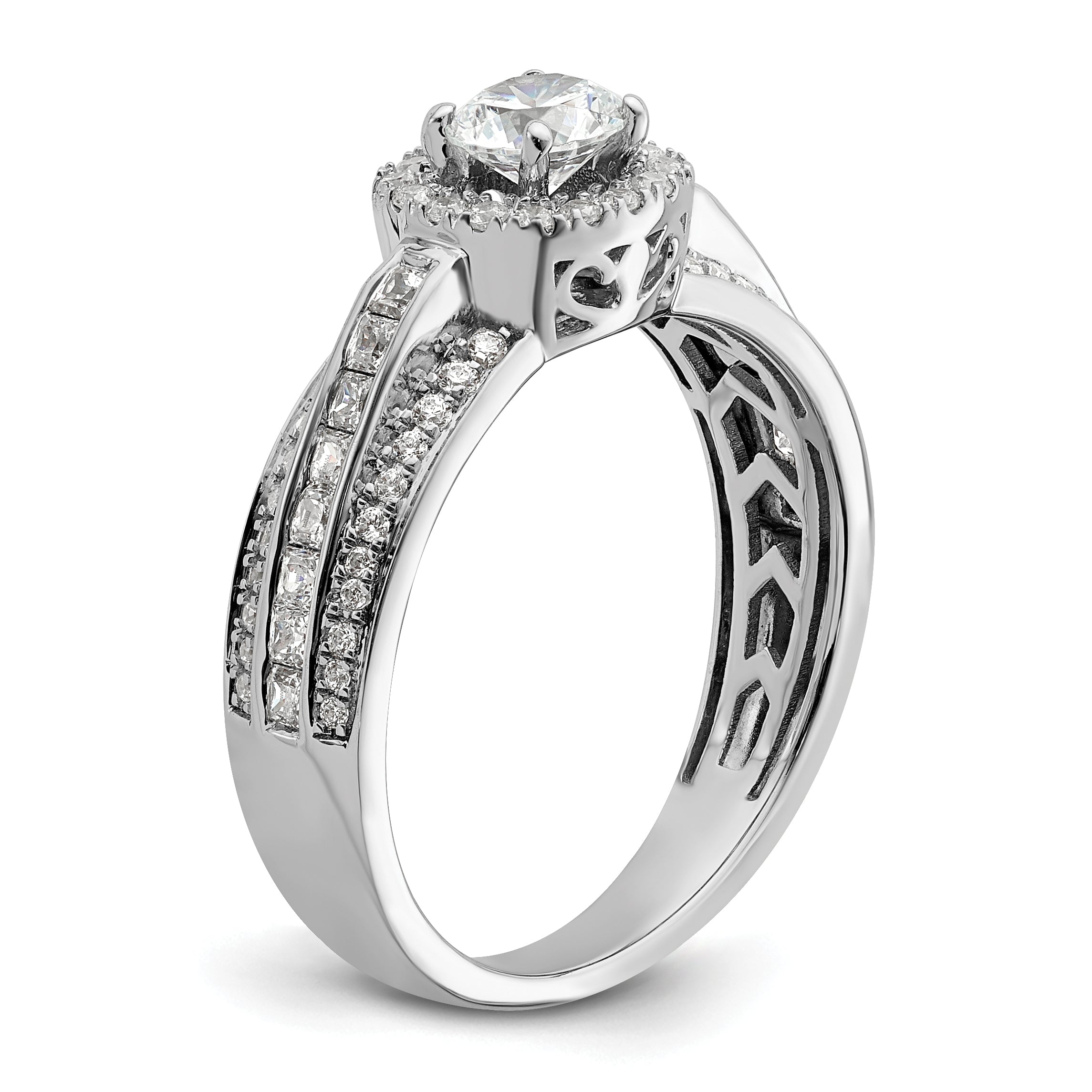 14k White Gold 5/8 carat Lab Grown Diamond VS/SI+ G+ 1/2 carat Center Round Semi Mount Halo Engagement Ring