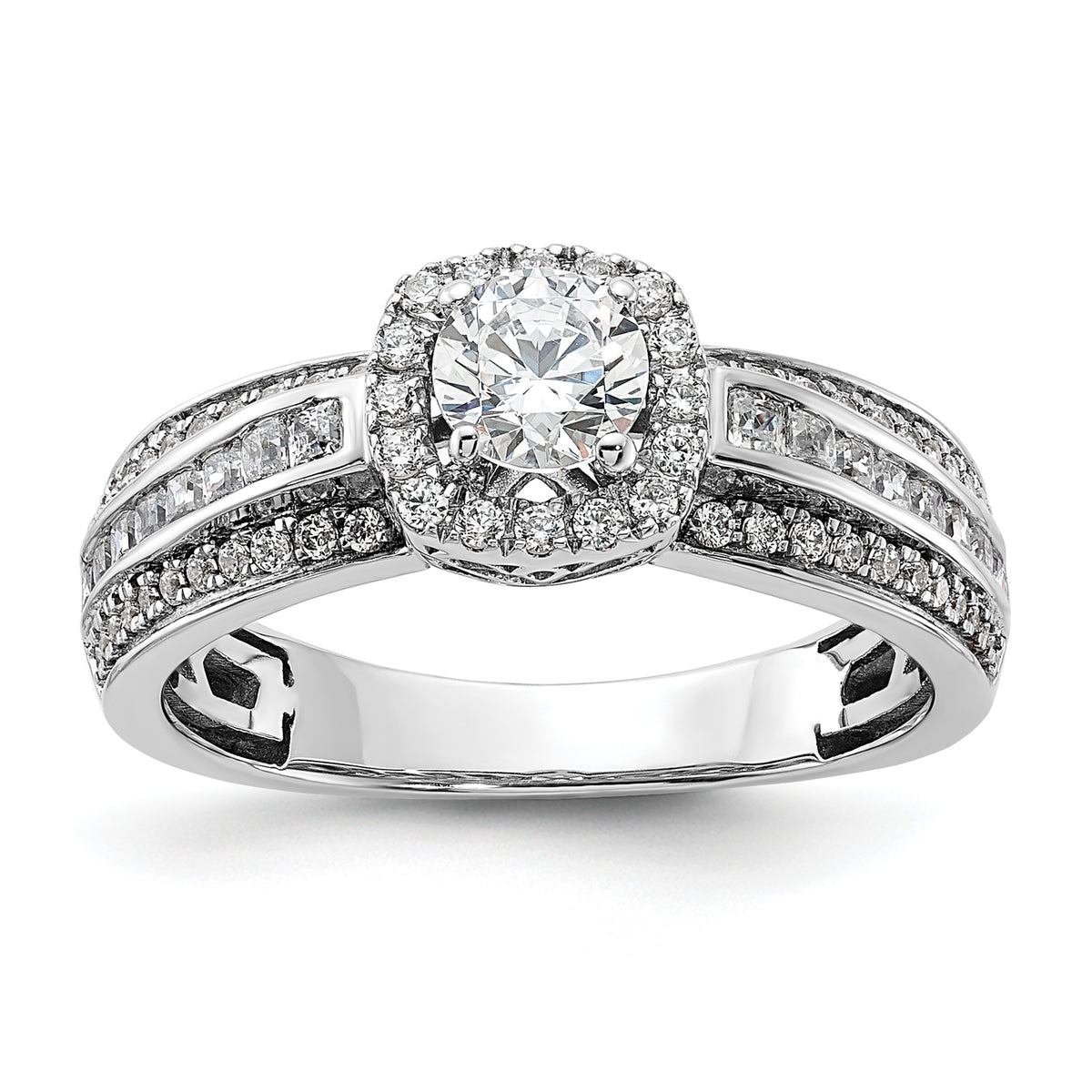 14k White Gold 5/8 carat Lab Grown Diamond VS/SI+ G+ 1/2 carat Center Round Semi Mount Halo Engagement Ring