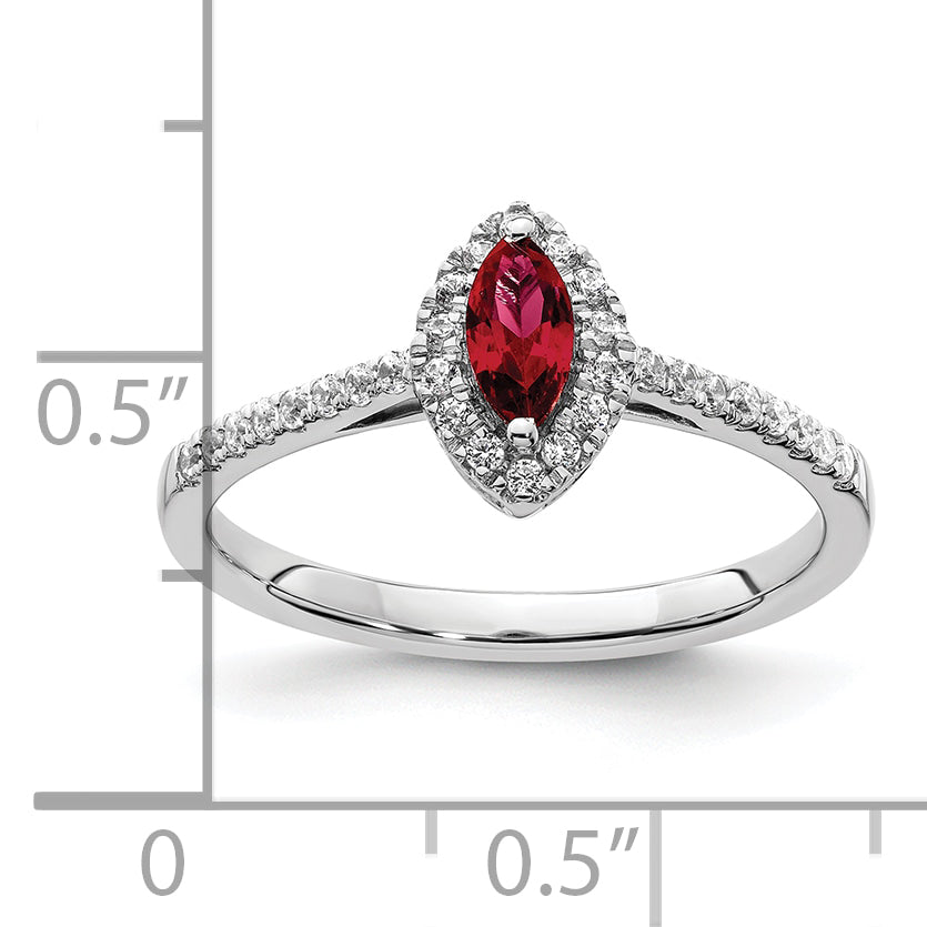 14k White Gold 1/5 carat Lab Grown Diamond VS/SI+ G+ and Lab Created Ruby July Birthstone Ring