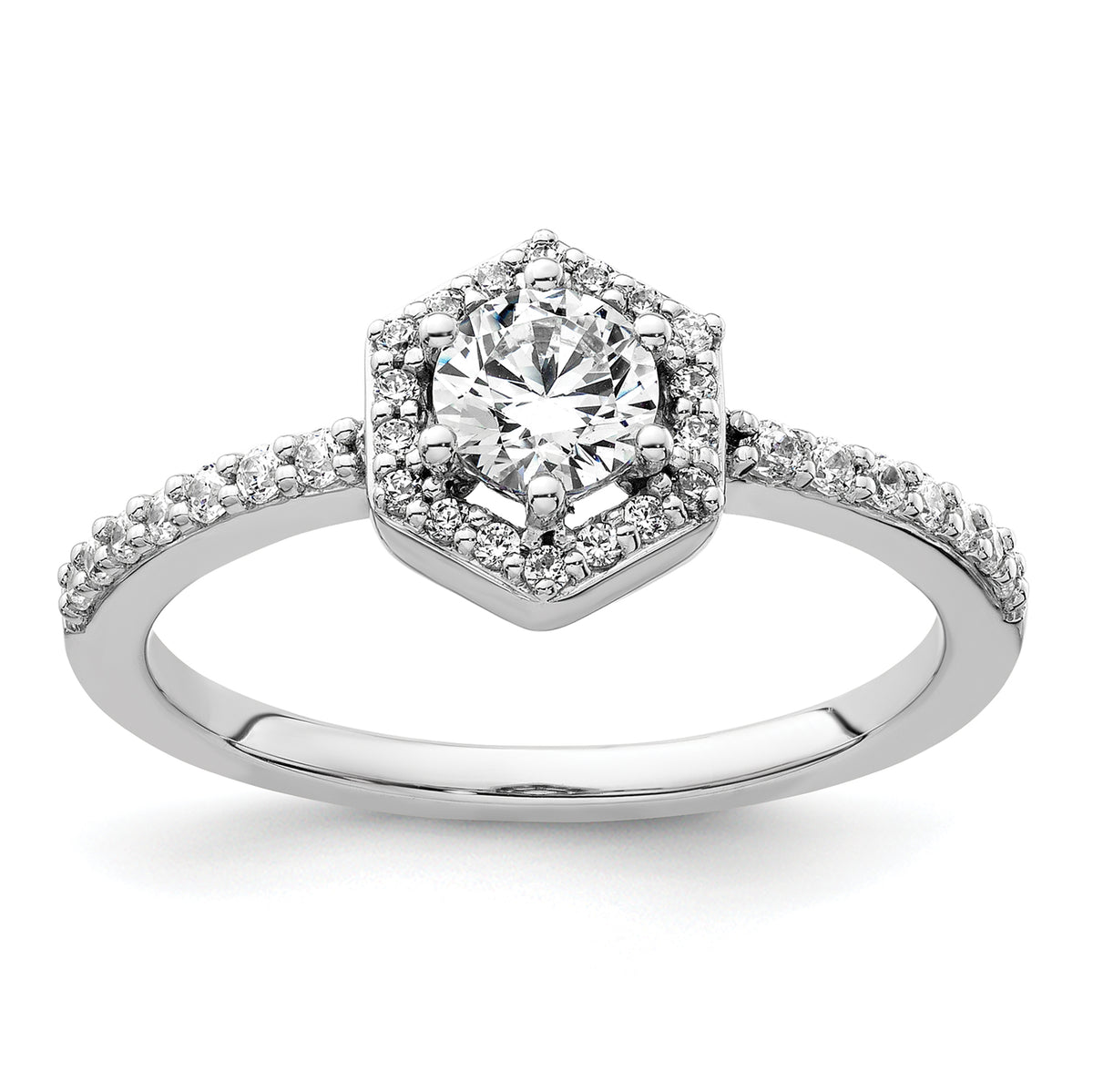 14k White Gold 5/8 carat Lab Grown Diamond VS/SI+ G+ Round Complete Geometric Halo Engagement Ring