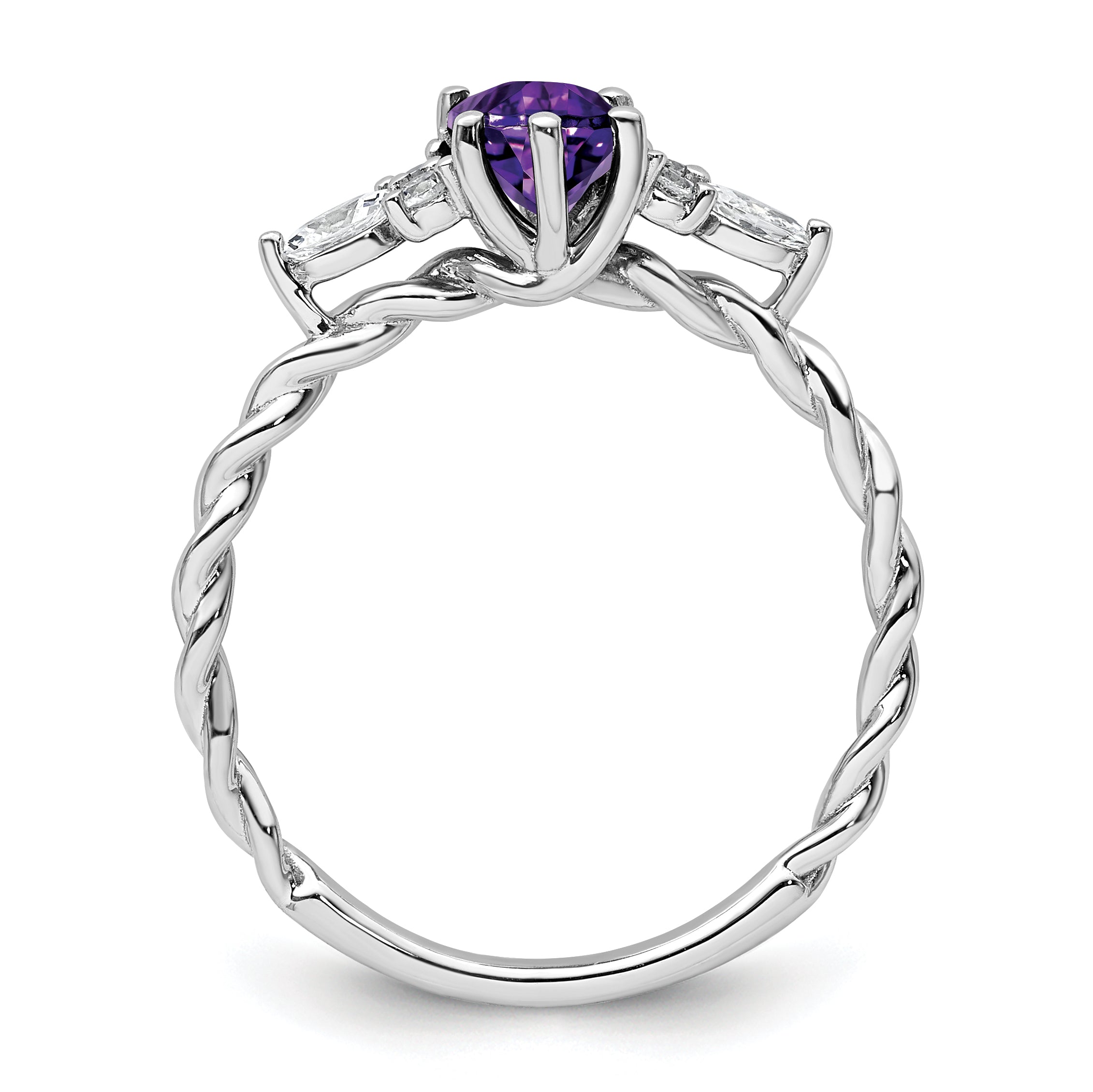 14K White Gold Polished Diamond and Amethyst Twisted Ring