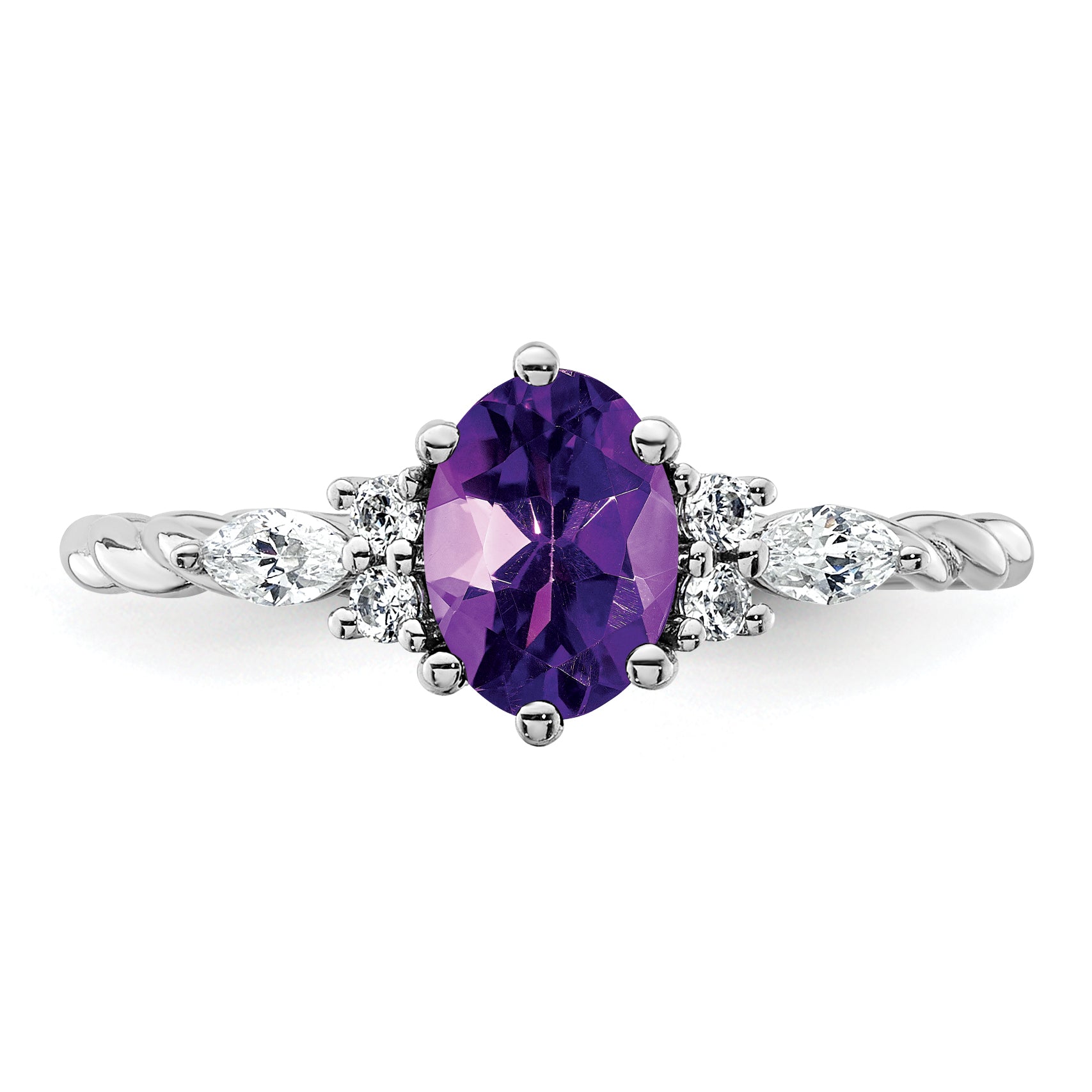 14K White Gold Polished Diamond and Amethyst Twisted Ring