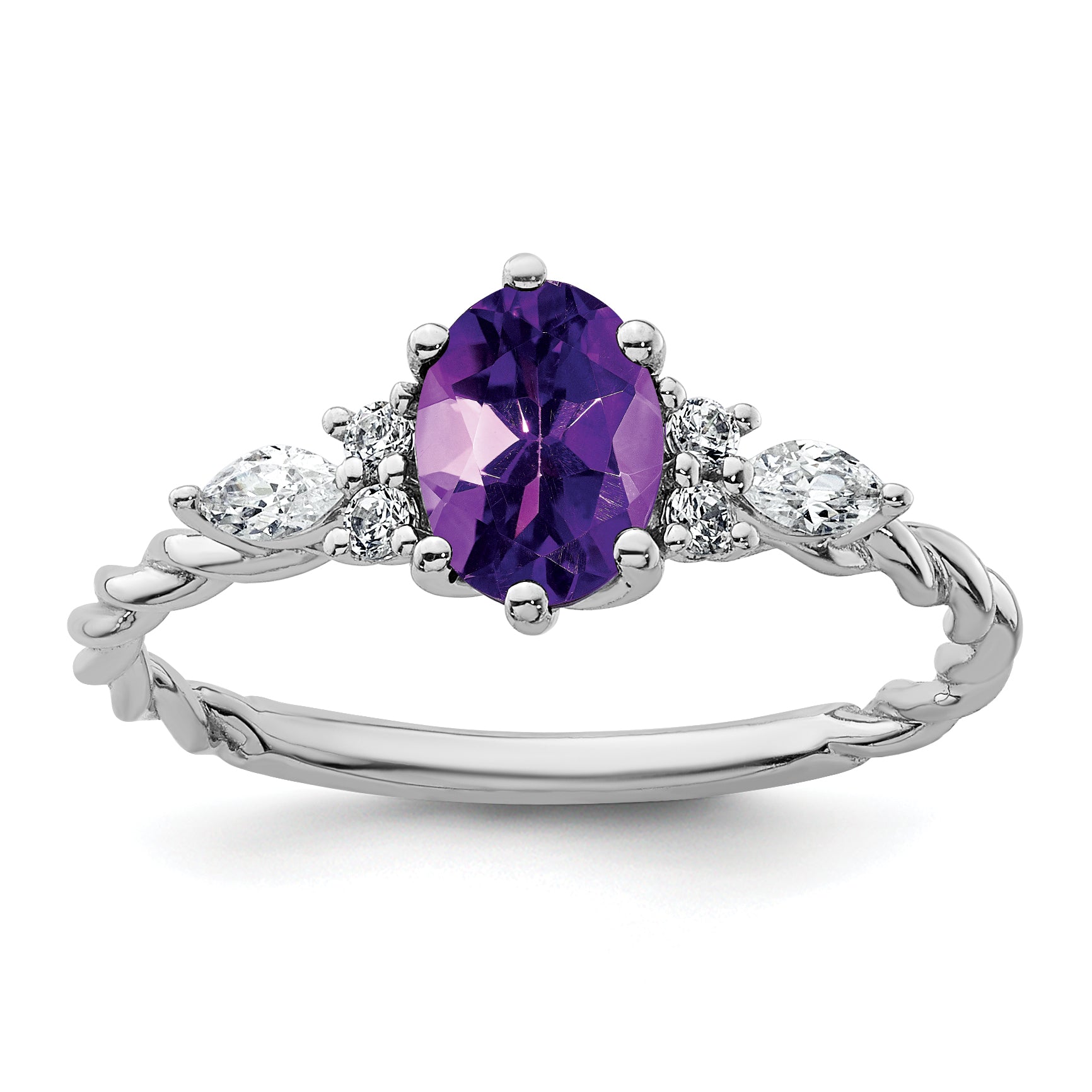 14K White Gold Polished Diamond and Amethyst Twisted Ring Main image