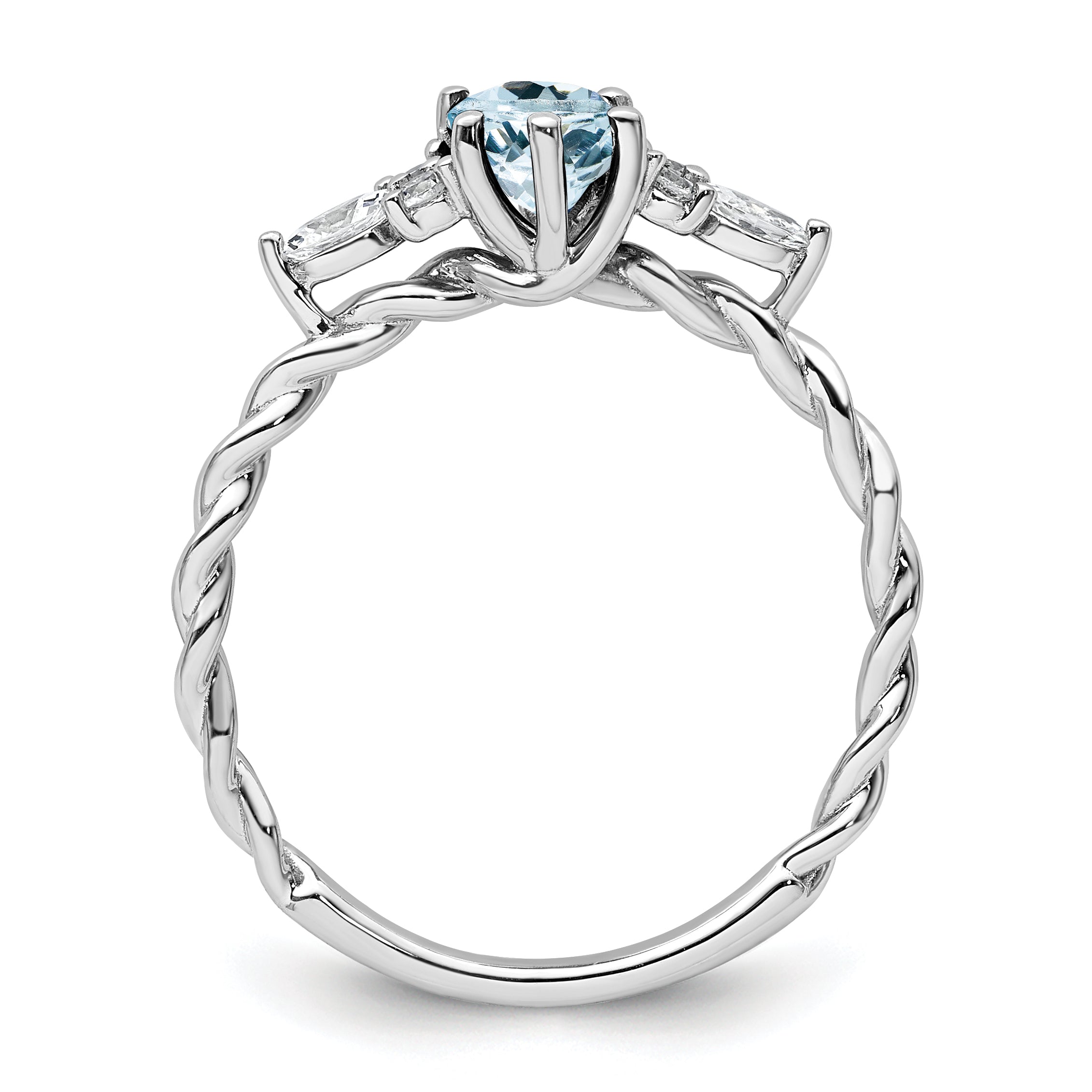 14K White Gold Polished Diamond and Aquamarine Twisted Ring