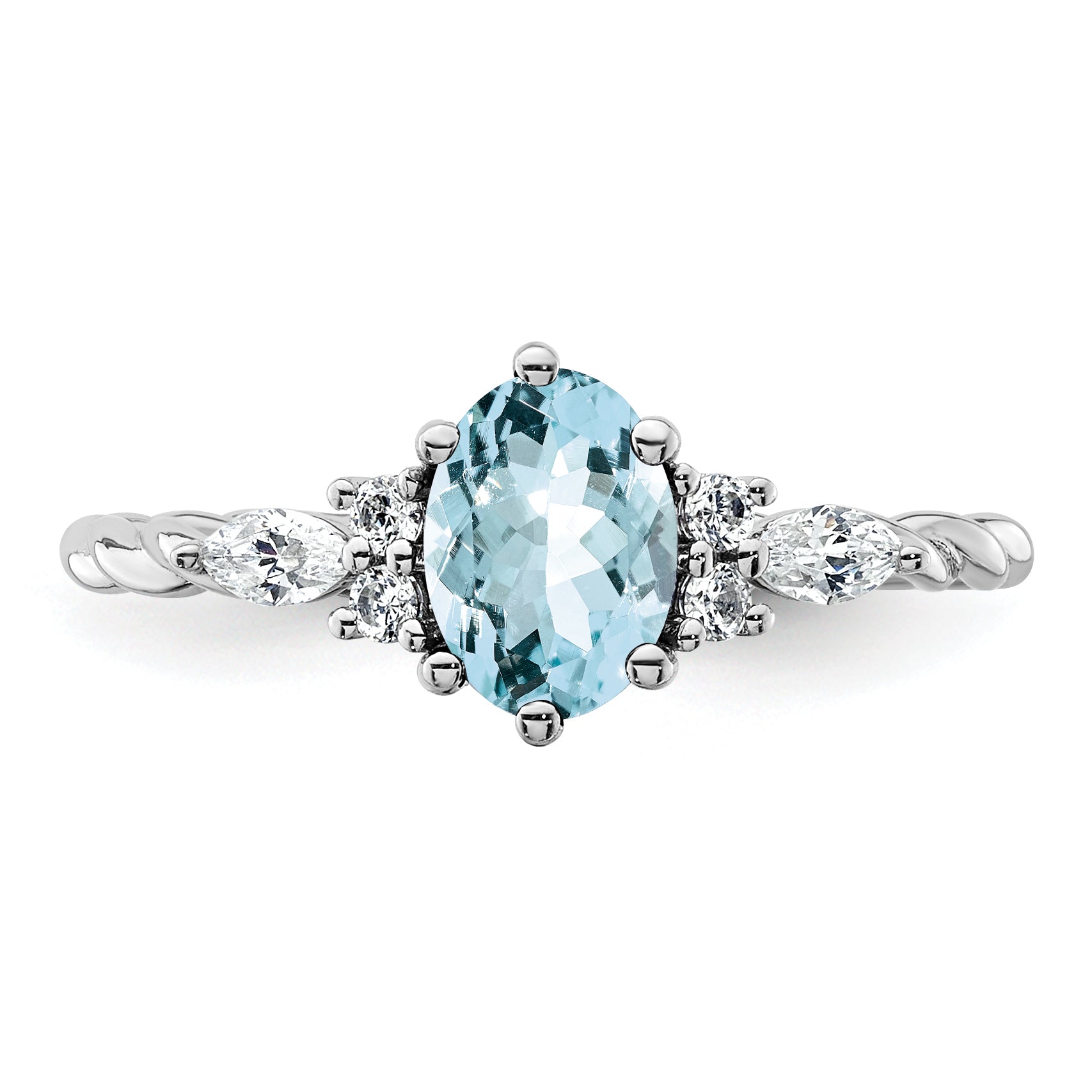 14K White Gold Polished Diamond and Aquamarine Twisted Ring