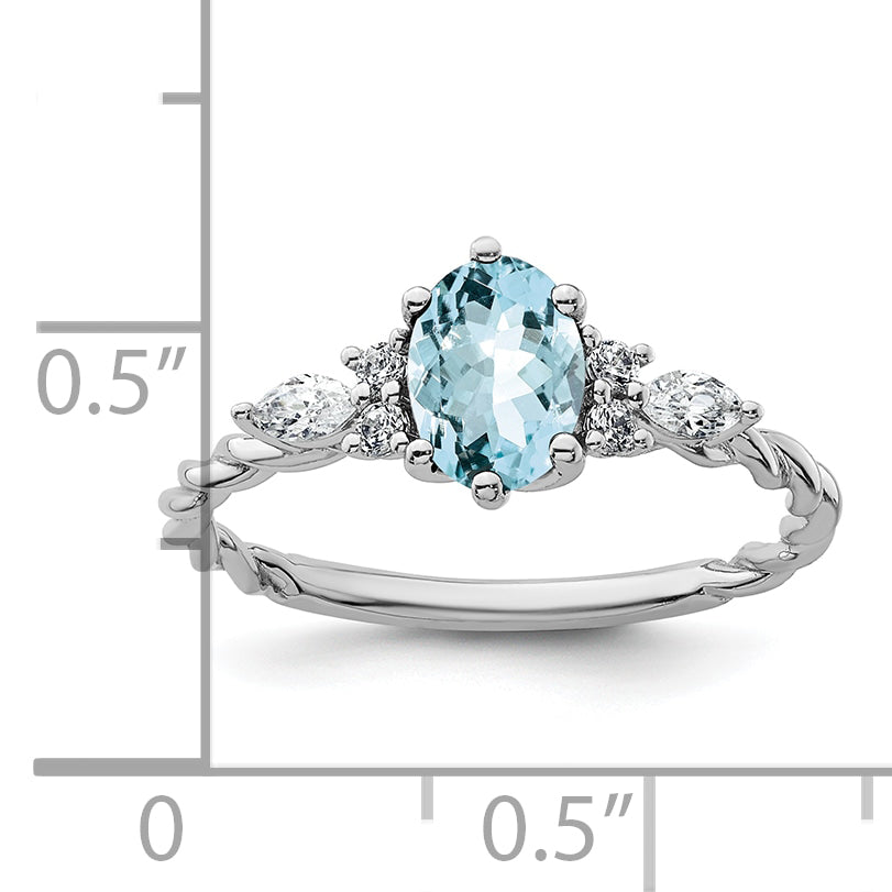 14K White Gold Polished Diamond and Aquamarine Twisted Ring