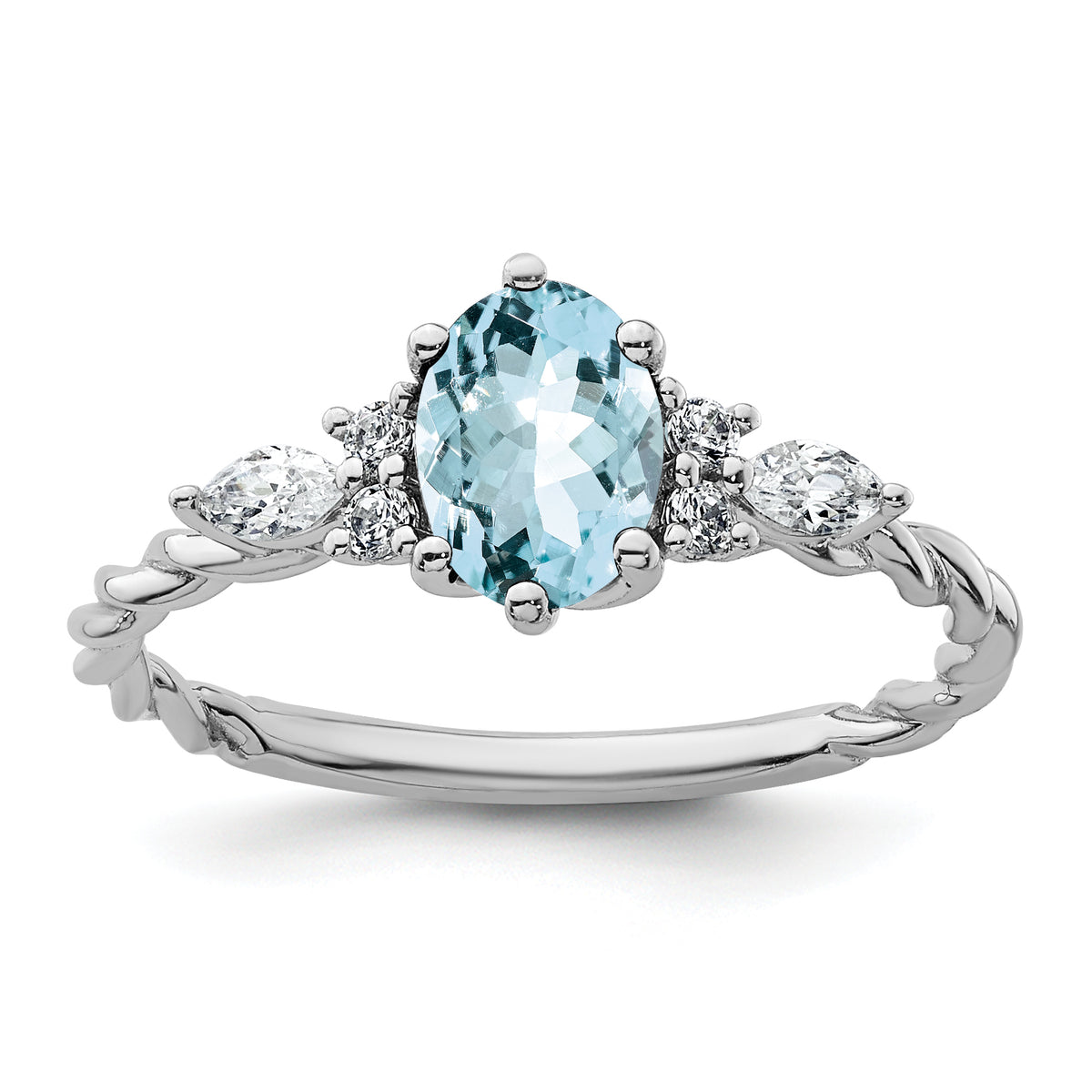 14K White Gold Polished Diamond and Aquamarine Twisted Ring