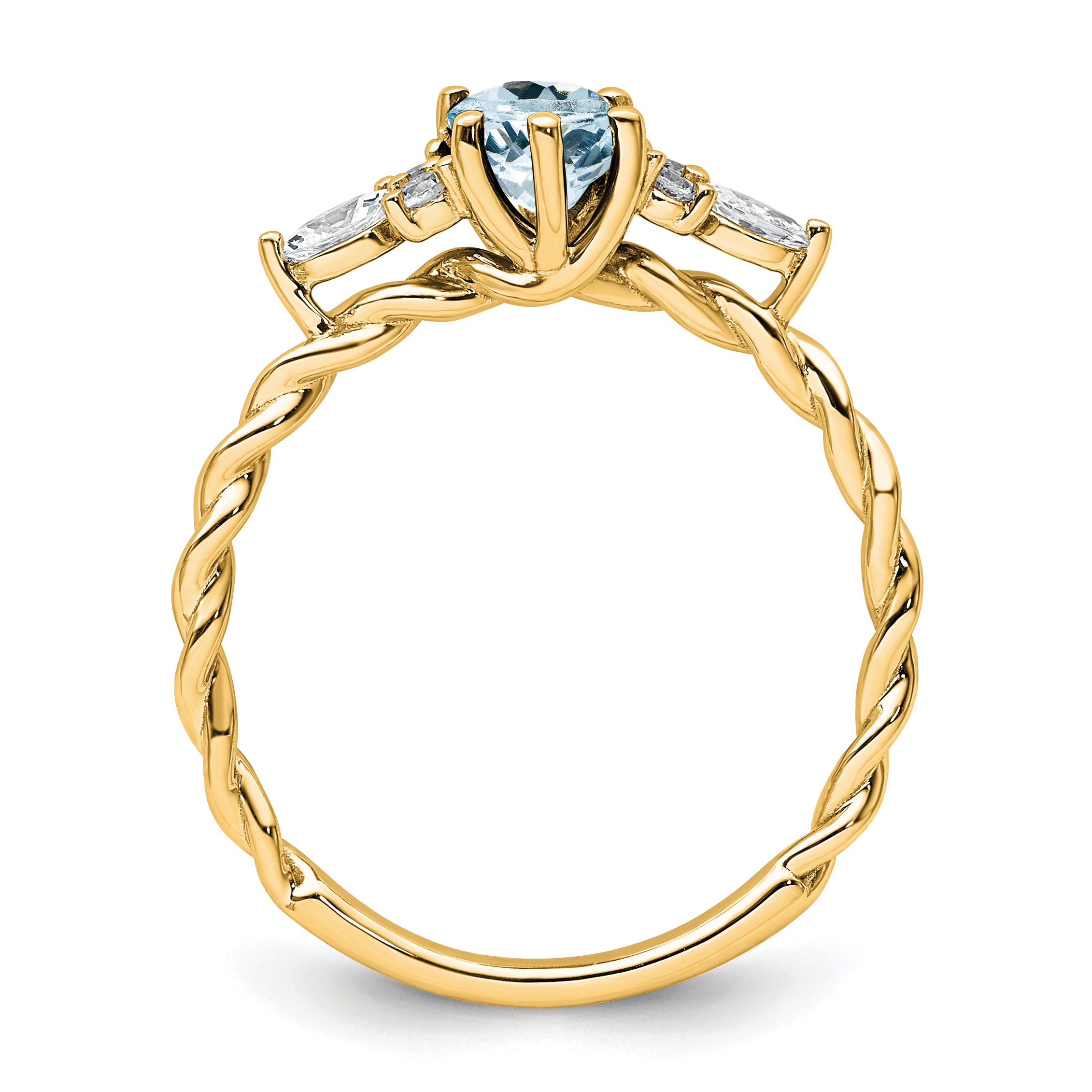 14K Polished Diamond and Aquamarine Twisted Ring
