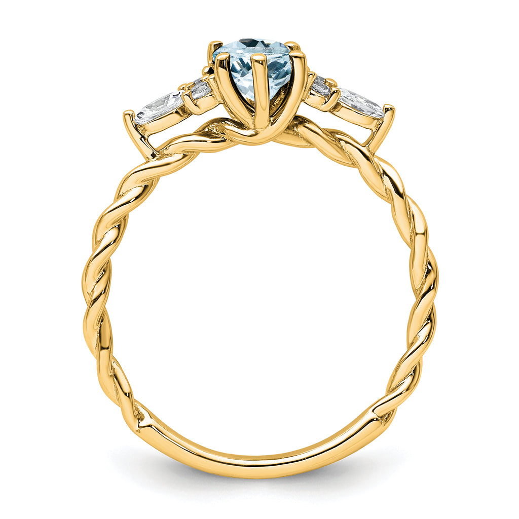 14K Polished Diamond and Aquamarine Twisted Ring