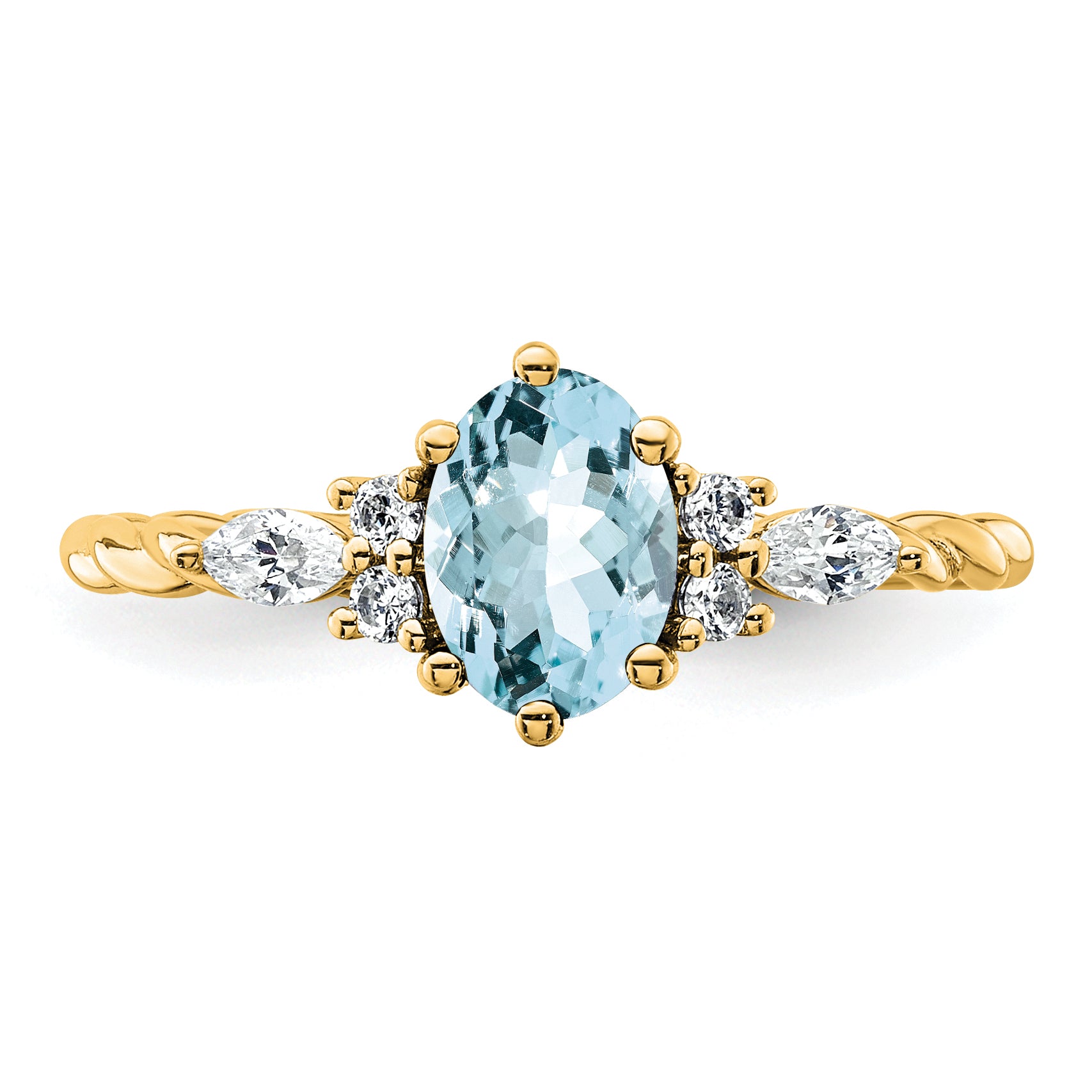 14K Polished Diamond and Aquamarine Twisted Ring
