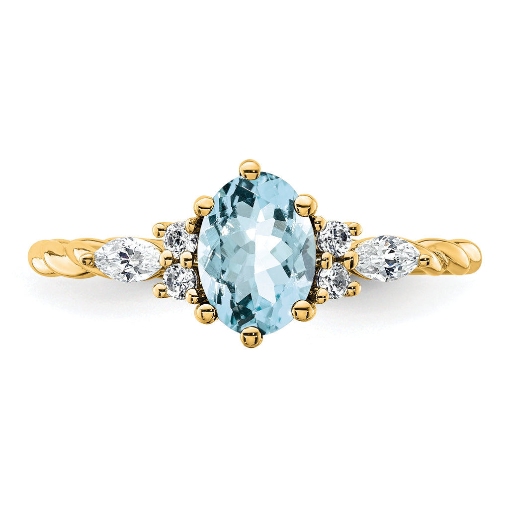 14K Polished Diamond and Aquamarine Twisted Ring
