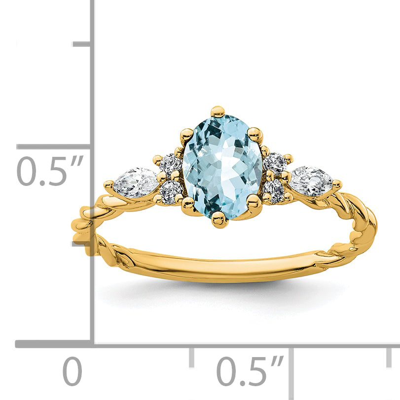 14K Polished Diamond and Aquamarine Twisted Ring
