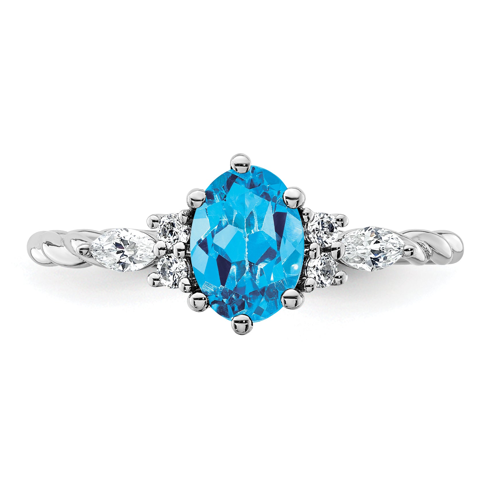 14K White Gold Polished Diamond and Blue Topaz Twisted Ring