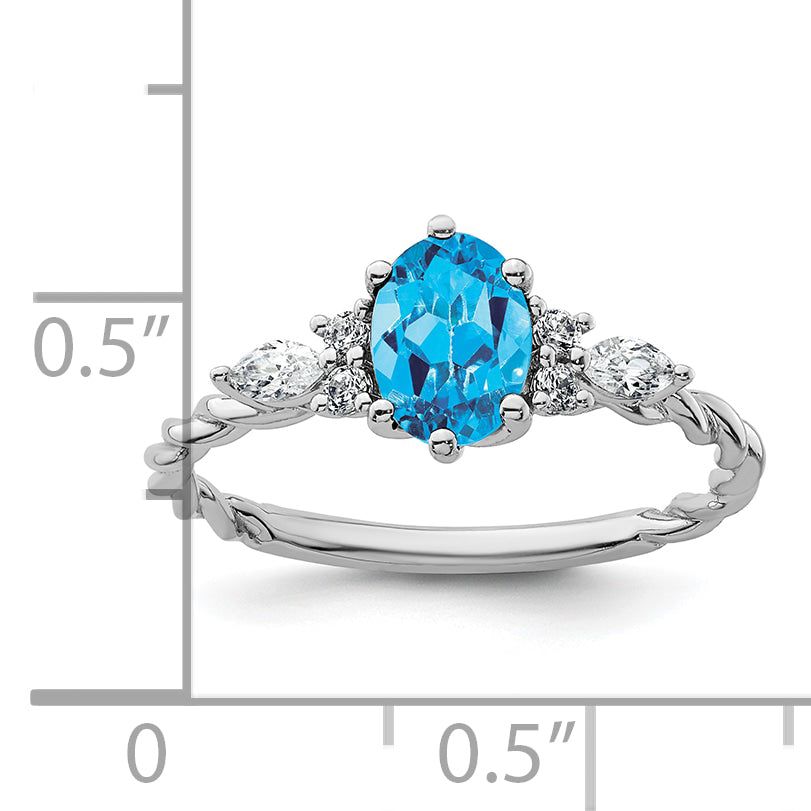 14K White Gold Polished Diamond and Blue Topaz Twisted Ring