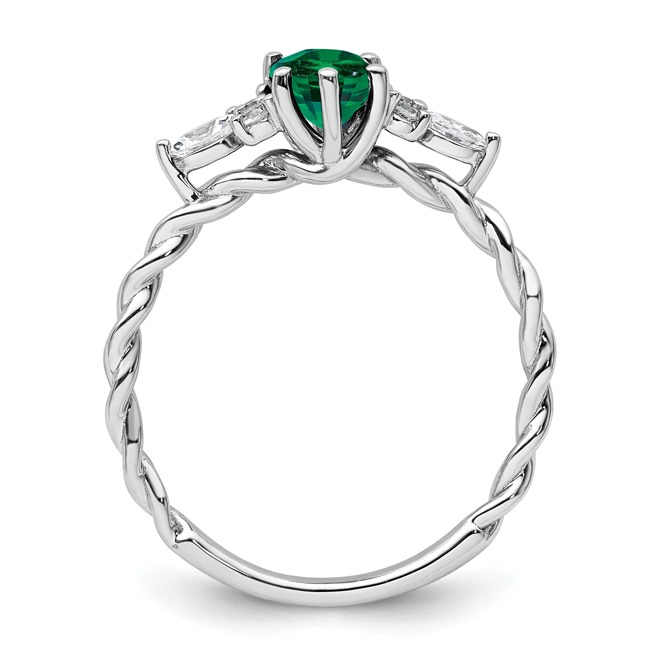 14K White Gold Polished Diamond and Lab Created Emerald Twisted Ring