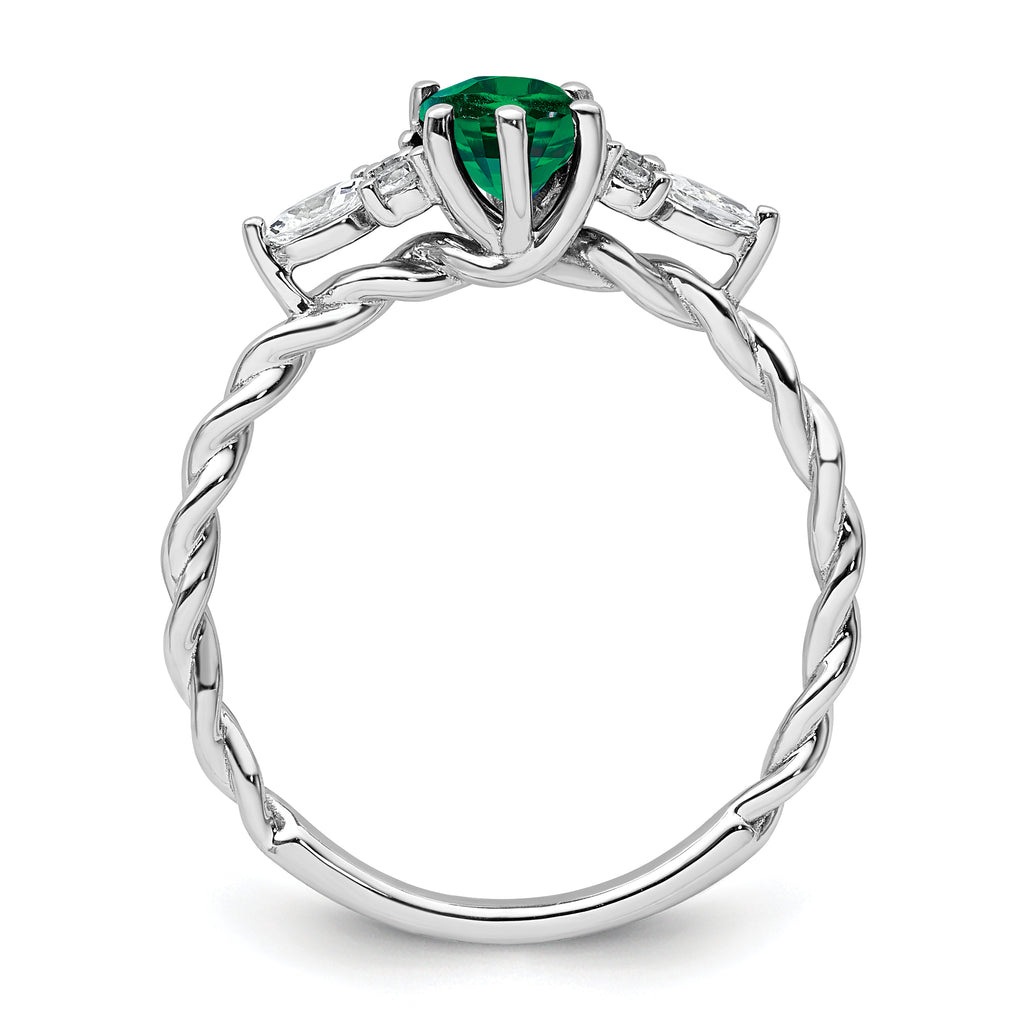 14K White Gold Polished Diamond and Lab Created Emerald Twisted Ring