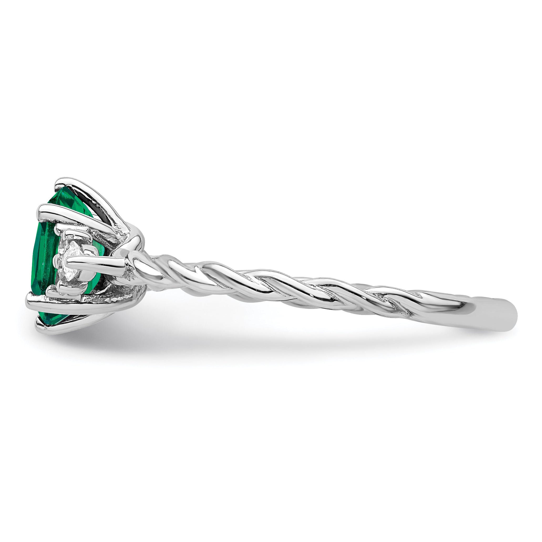 14K White Gold Polished Diamond and Lab Created Emerald Twisted Ring