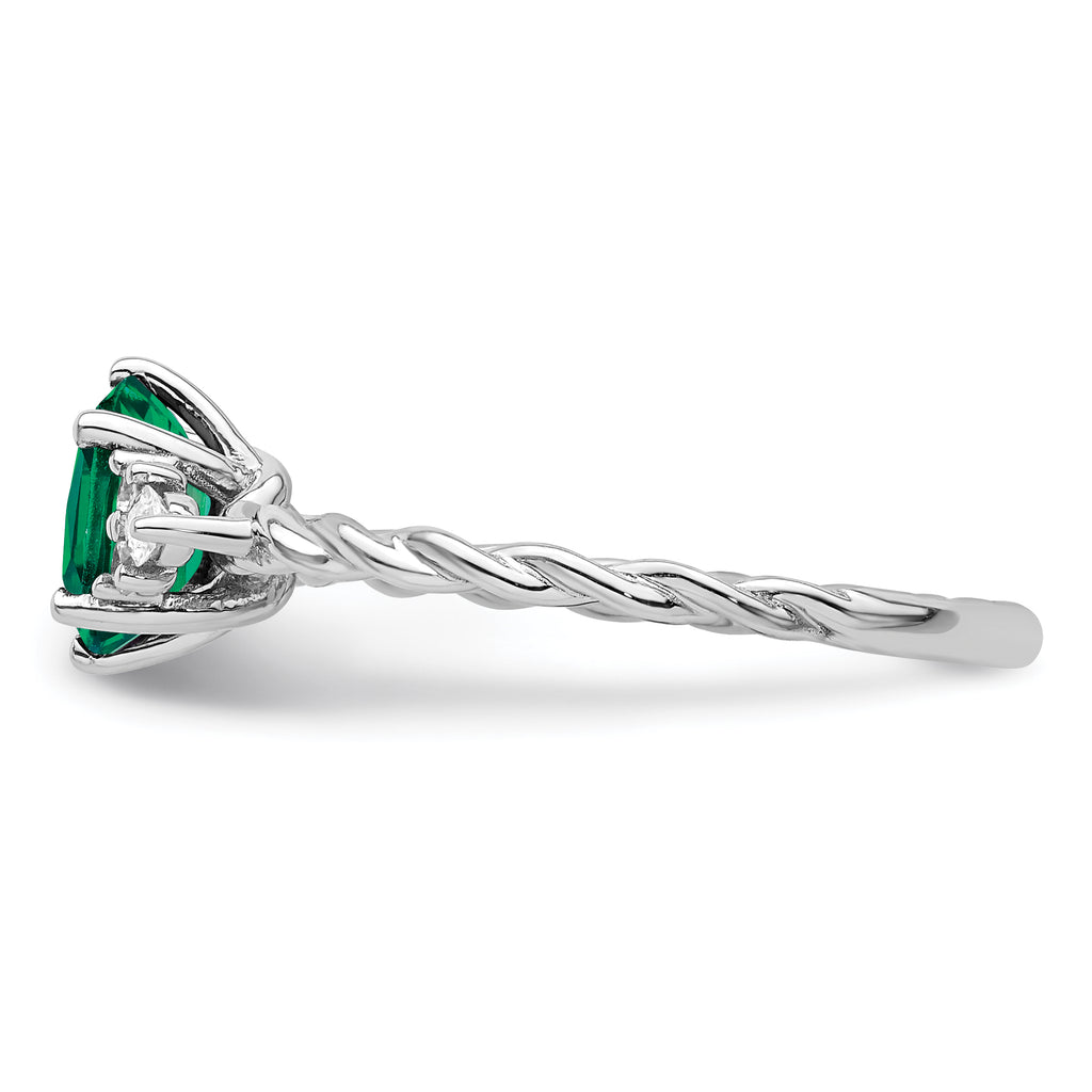 14K White Gold Polished Diamond and Lab Created Emerald Twisted Ring