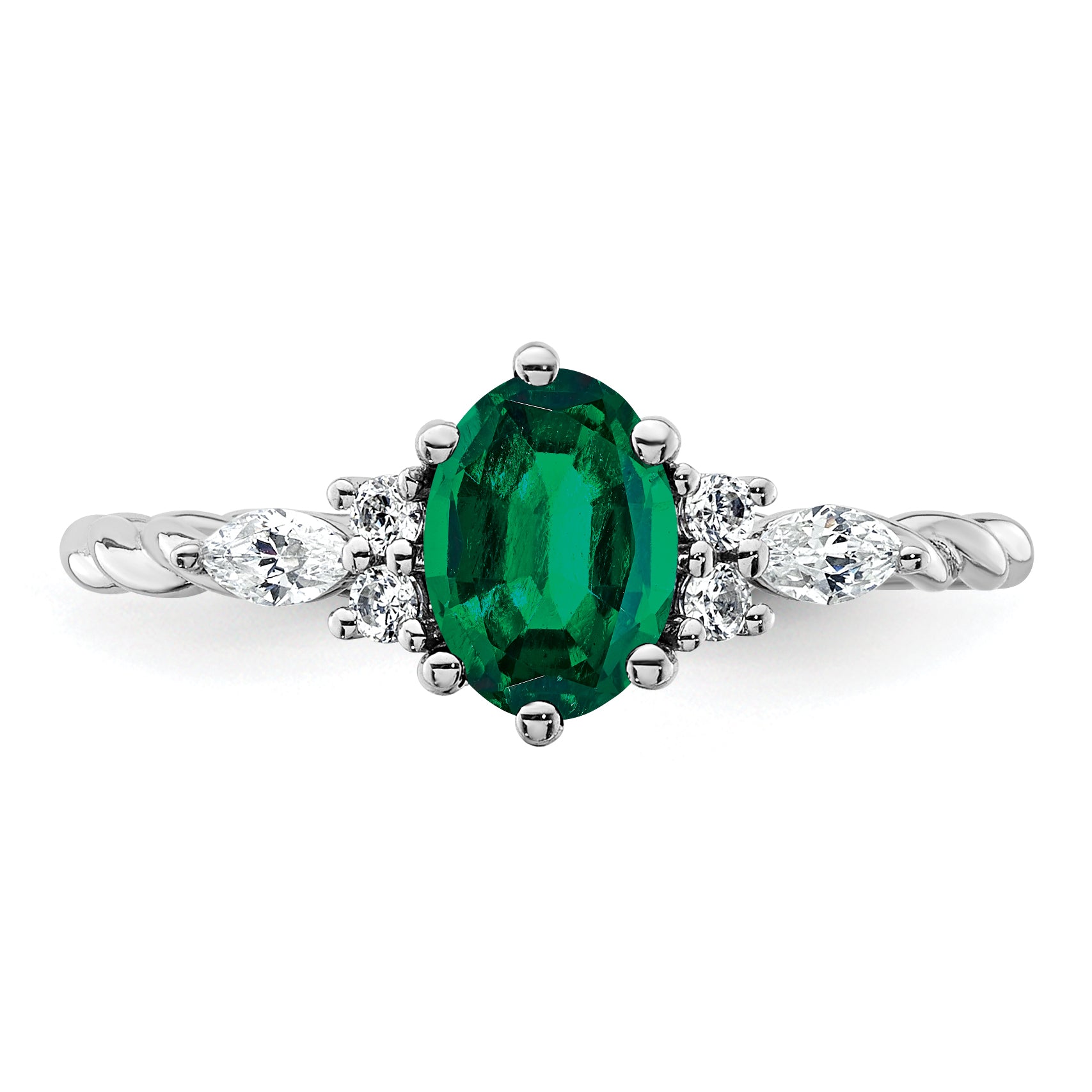 14K White Gold Polished Diamond and Lab Created Emerald Twisted Ring