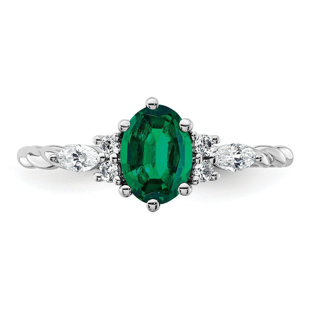14K White Gold Polished Diamond and Lab Created Emerald Twisted Ring