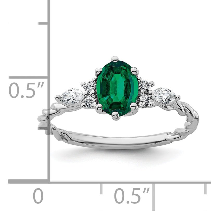 14K White Gold Polished Diamond and Lab Created Emerald Twisted Ring