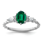 14K White Gold Polished Diamond and Lab Created Emerald Twisted Ring