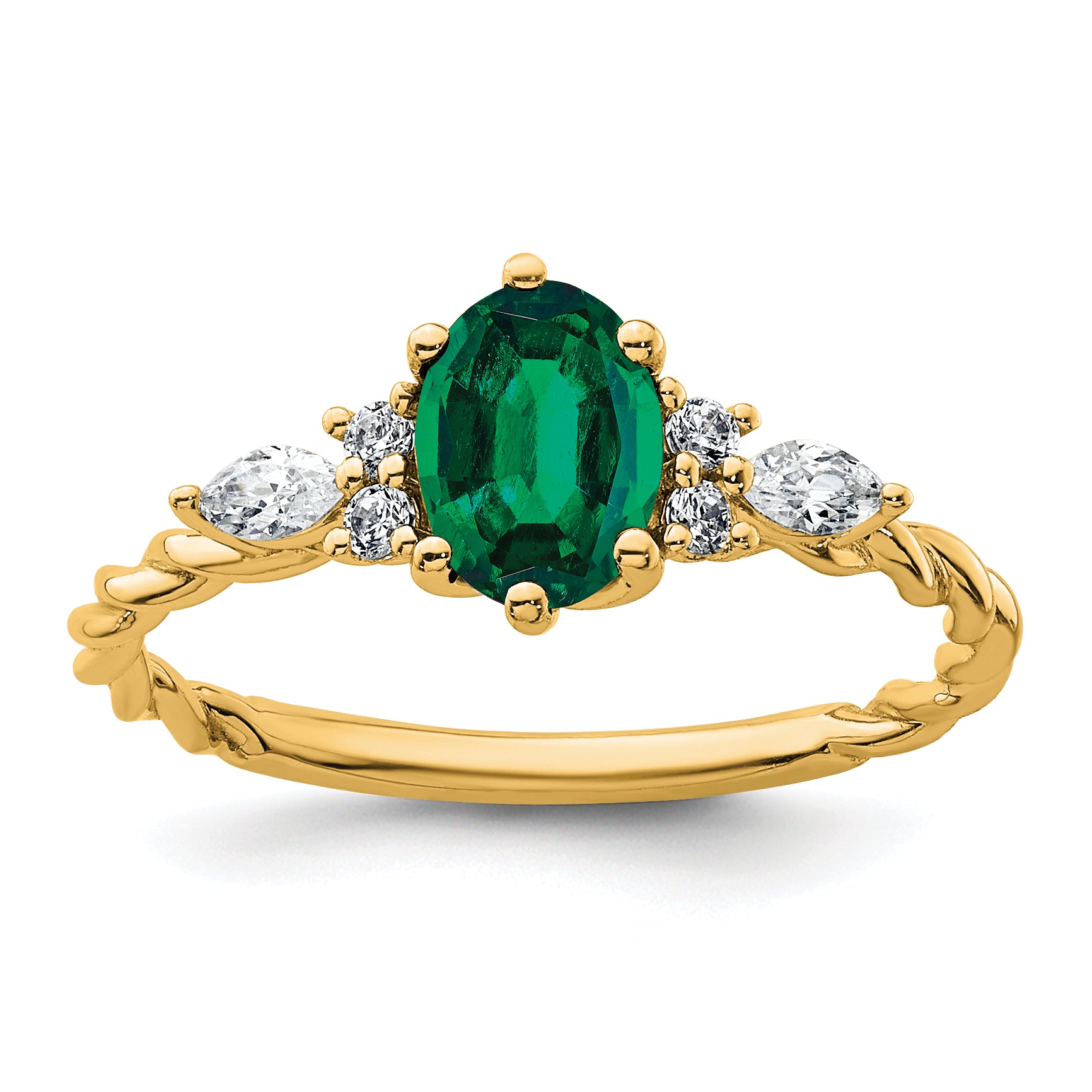 14K Polished Diamond and Lab Created Emerald Twisted Ring Main image