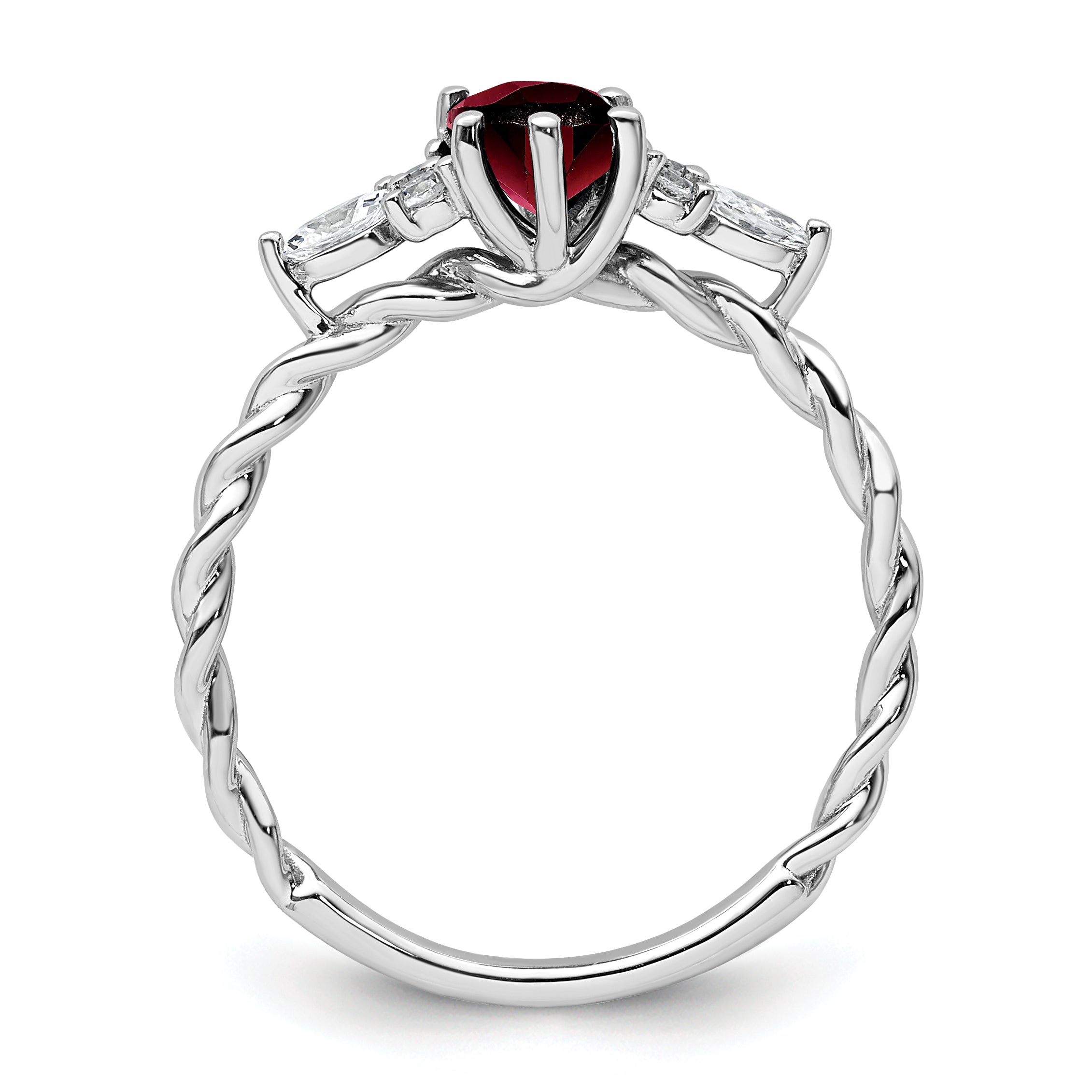 14K White Gold Polished Diamond and Garnet Twisted Ring