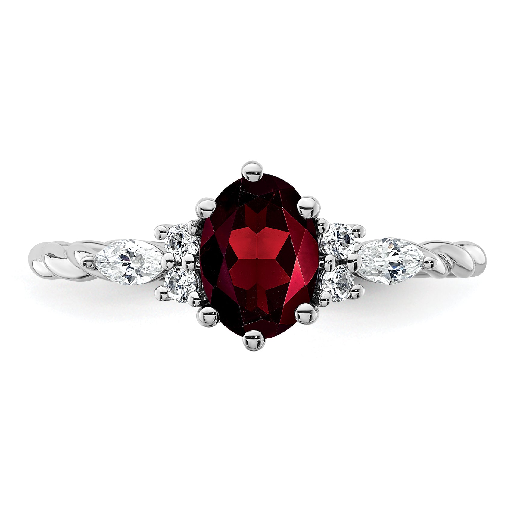 14K White Gold Polished Diamond and Garnet Twisted Ring