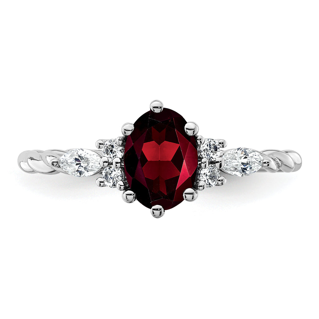 14K White Gold Polished Diamond and Garnet Twisted Ring