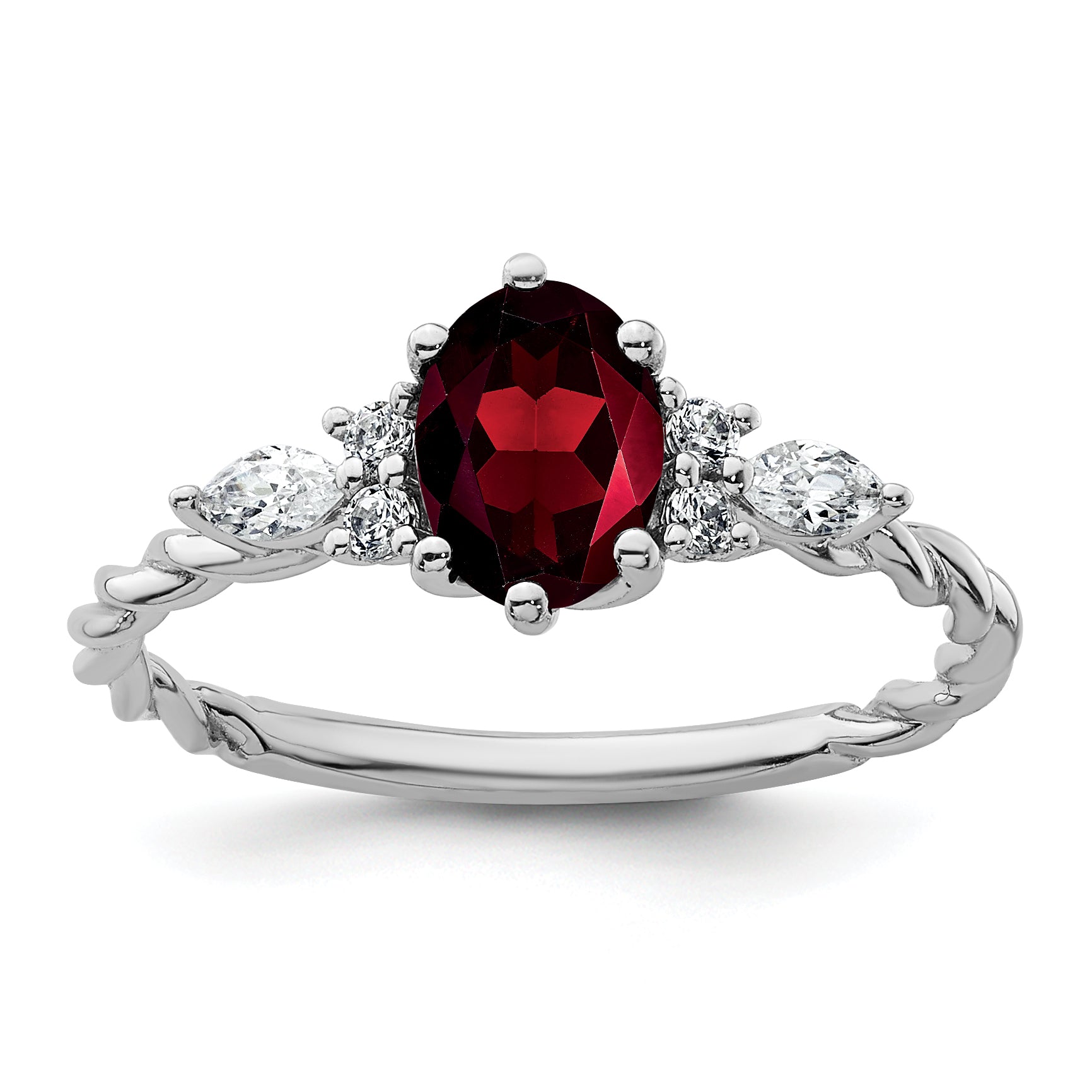 14K White Gold Polished Diamond and Garnet Twisted Ring