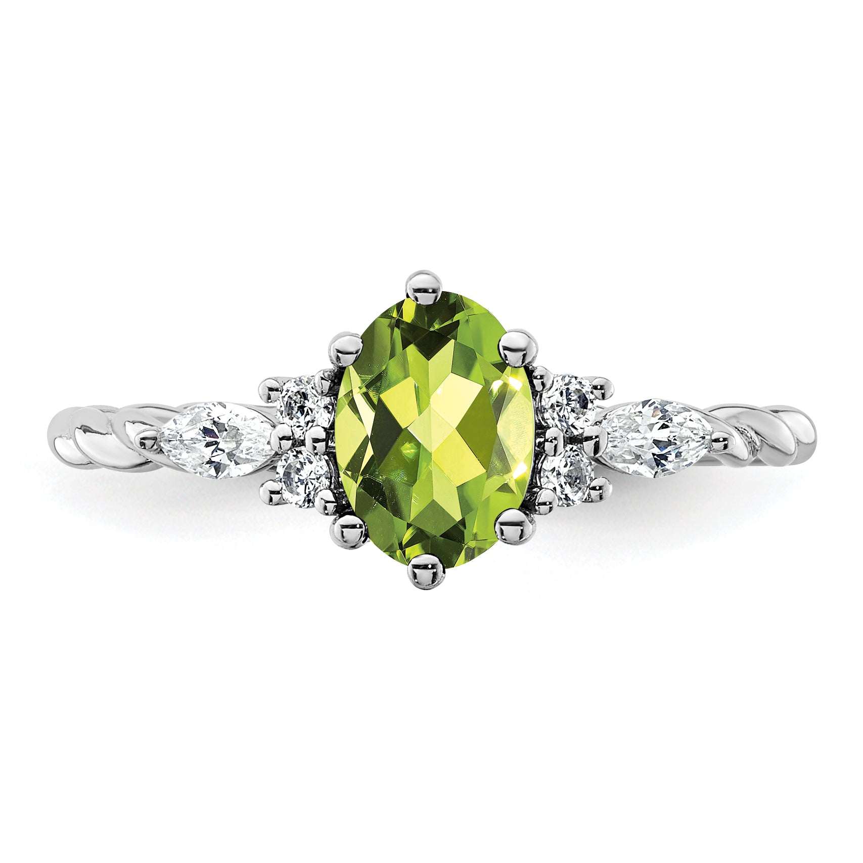 14K White Gold Polished Diamond and Peridot Twisted Ring