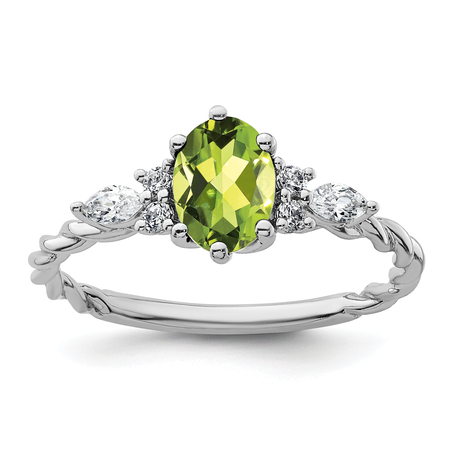 14K White Gold Polished Diamond and Peridot Twisted Ring