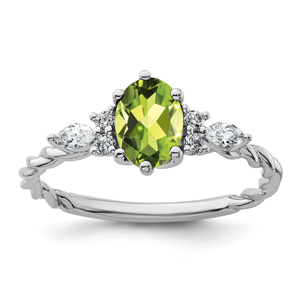14K White Gold Polished Diamond and Peridot Twisted Ring