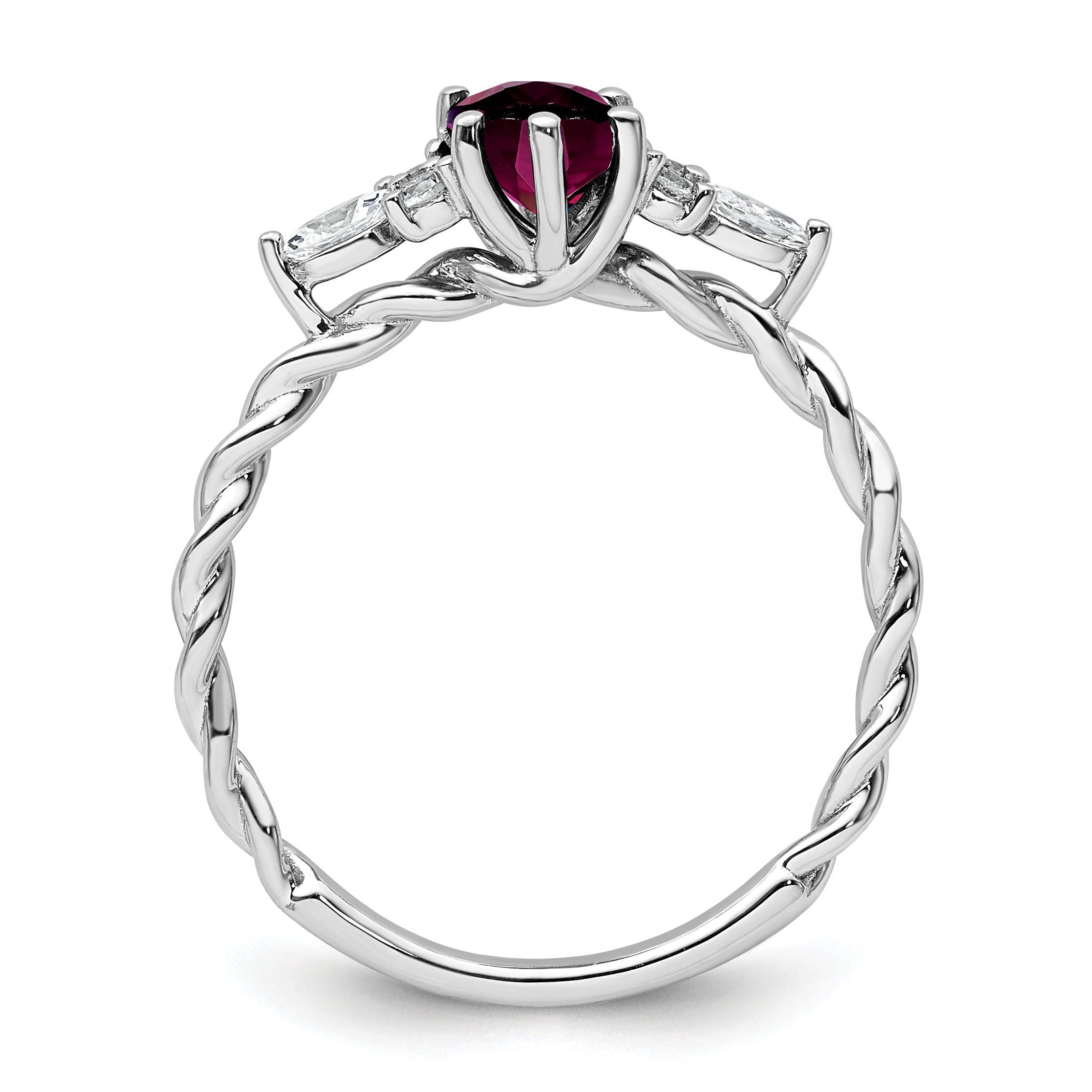 14K White Gold Polished Diamond and Rhodolite Garnet Twisted Ring