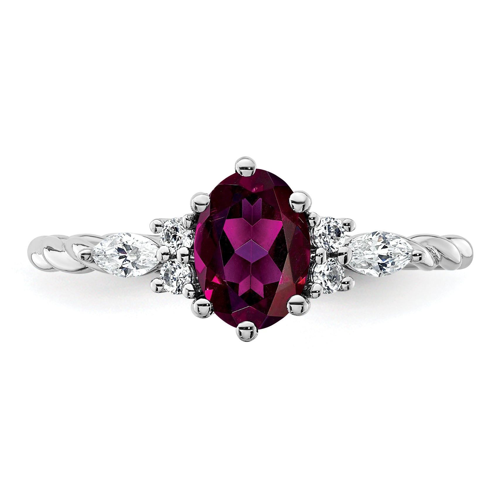 14K White Gold Polished Diamond and Rhodolite Garnet Twisted Ring