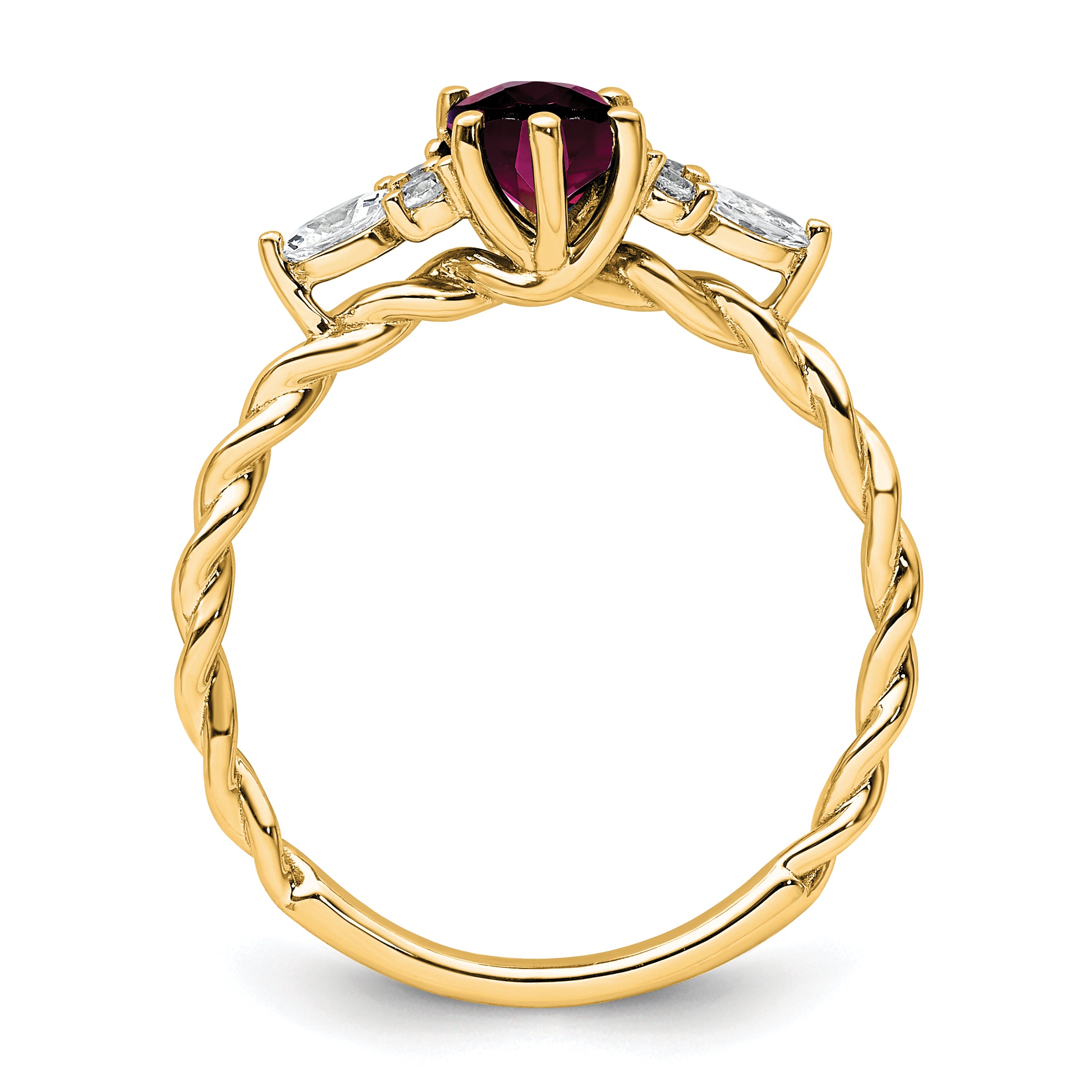 14K Polished Diamond and Rhodolite Garnet Twisted Ring