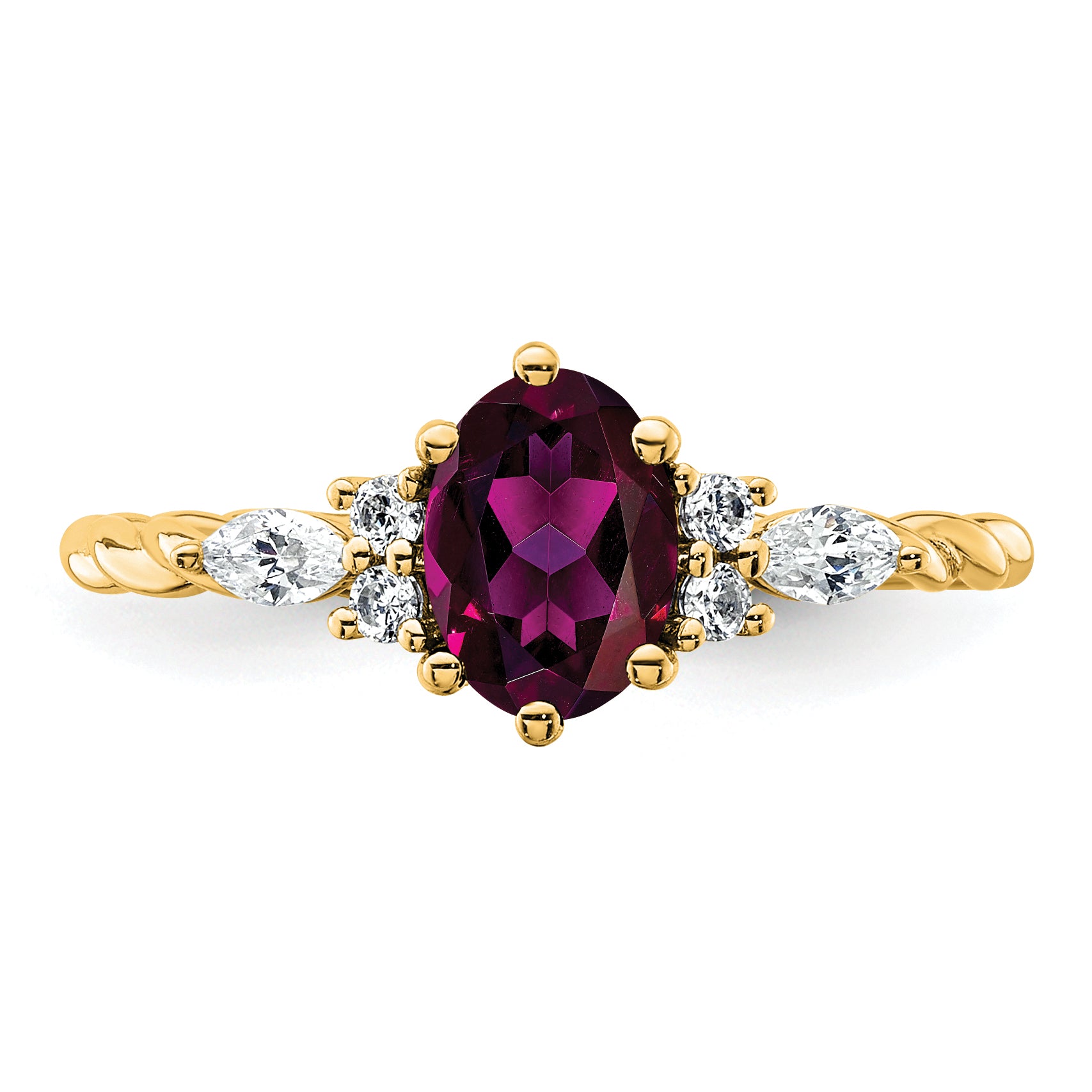 14K Polished Diamond and Rhodolite Garnet Twisted Ring