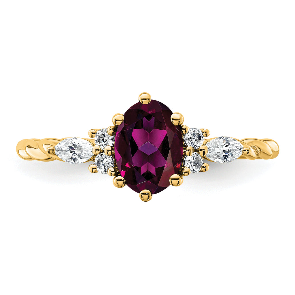 14K Polished Diamond and Rhodolite Garnet Twisted Ring