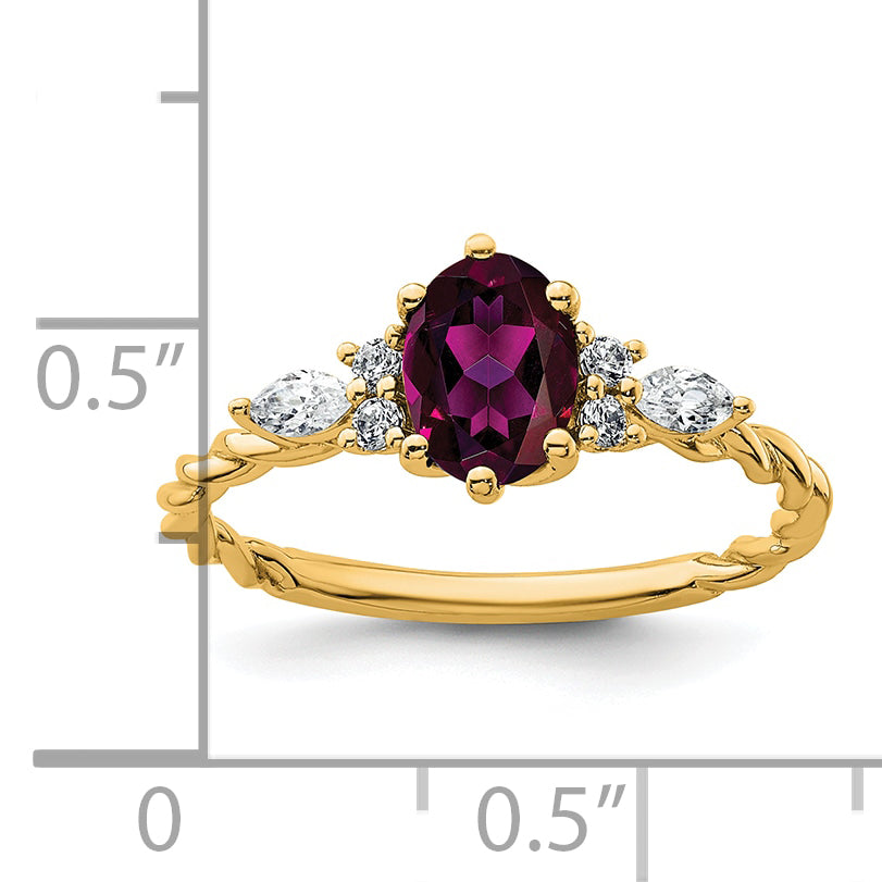 14K Polished Diamond and Rhodolite Garnet Twisted Ring