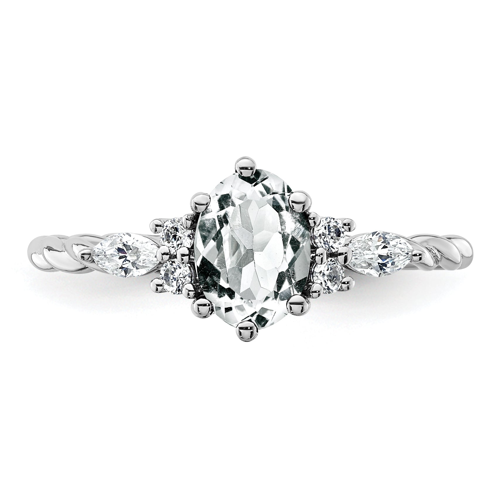 14K White Gold Polished Diamond and White Topaz Twisted Ring