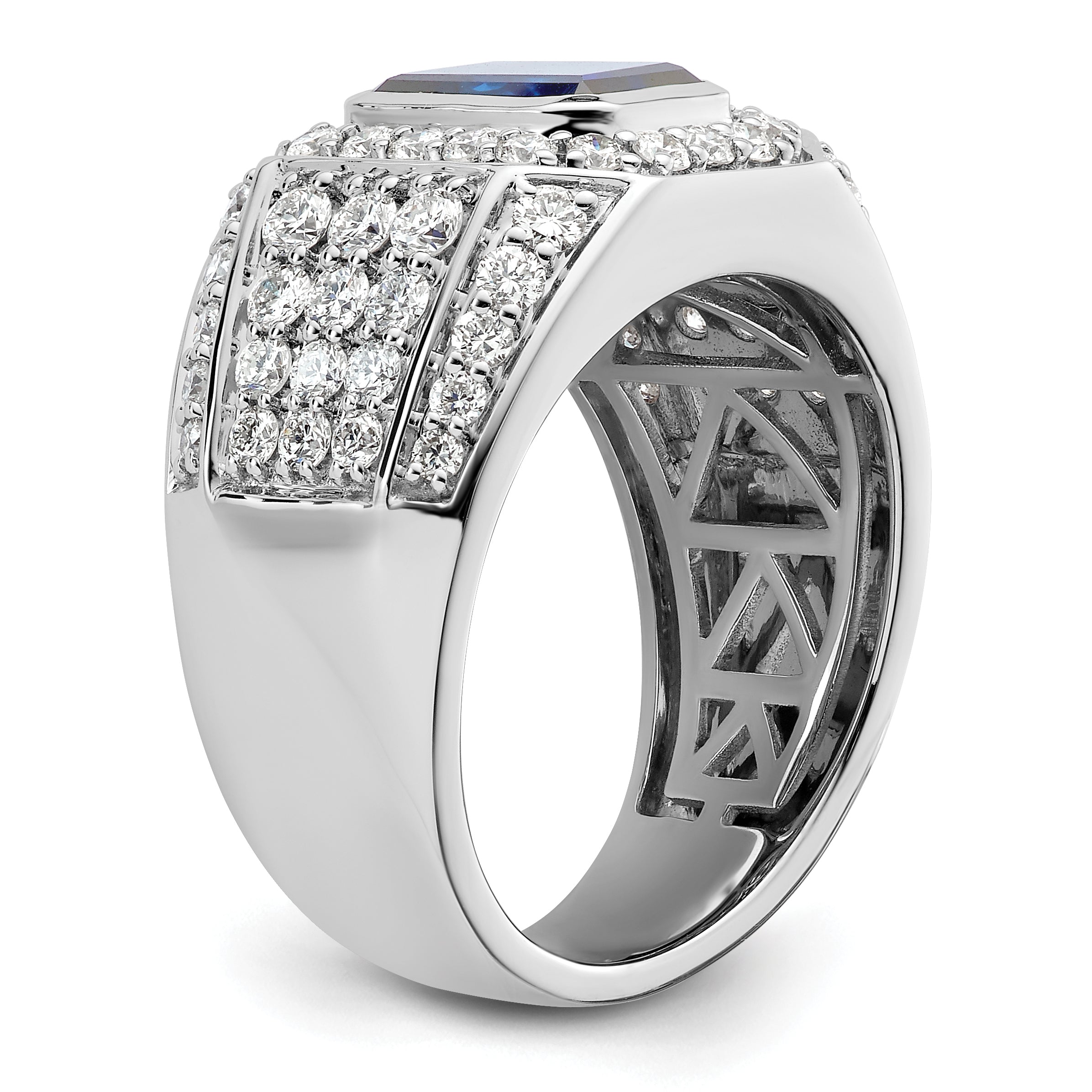 10k White Gold 1 7/8 carat Lab Grown Diamond VS/SI+ G+ and Lab Created Blue Sapphire Men's Ring