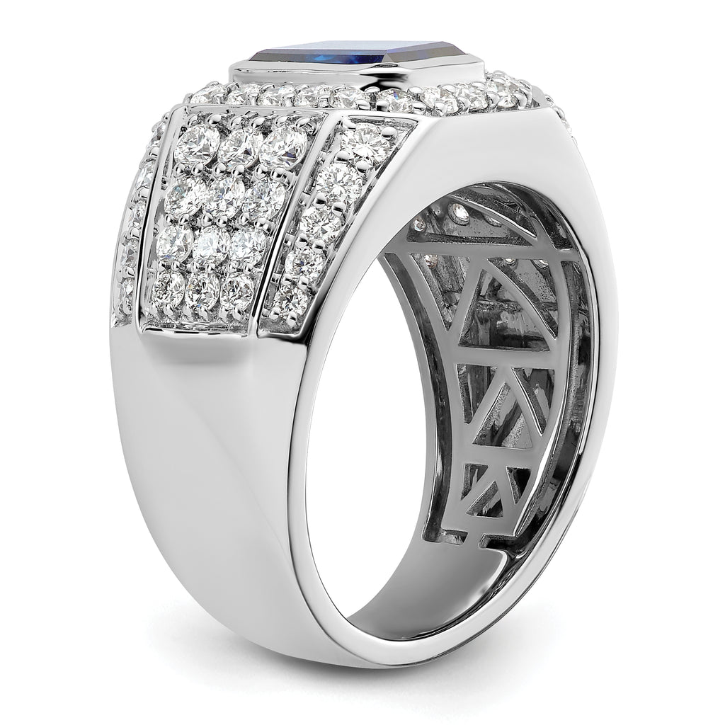 10k White Gold 1 7/8 carat Lab Grown Diamond VS/SI+ G+ and Lab Created Blue Sapphire Men's Ring