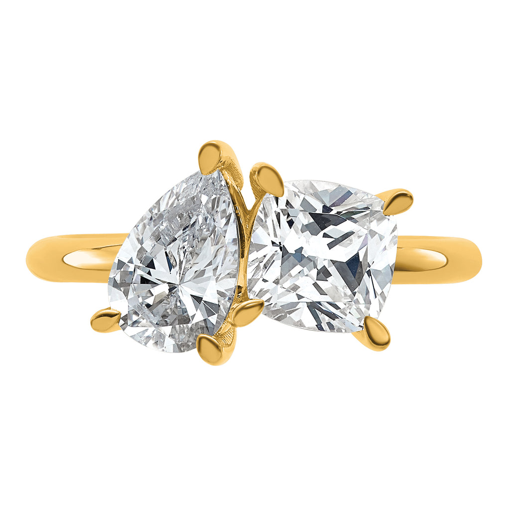 14k 2 carat Lab Grown Diamond VS+ F+ Cushion and Pear Complete Asymmetrical Two Stone Engagement Ring