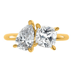 14k 2 carat Lab Grown Diamond VS+ F+ Cushion and Pear Complete Asymmetrical Two Stone Engagement Ring