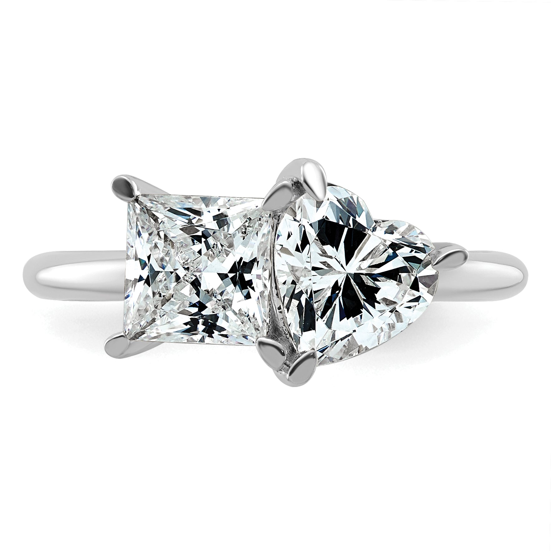 14k White Gold 2 1/8 carat Lab Grown Diamond VS+ F+ Princess and Heart Complete Asymmetrical Two Stone Engagement Ring