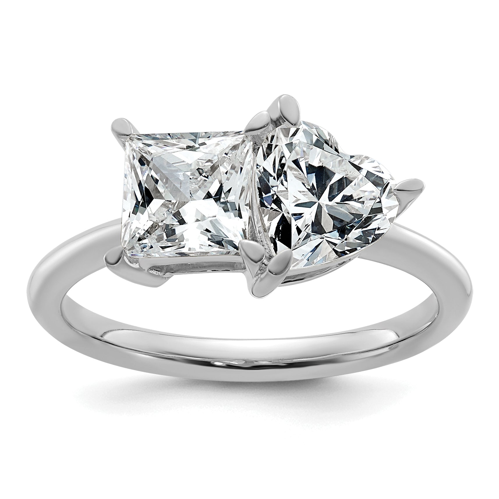 14k White Gold 2 1/8 carat Lab Grown Diamond VS+ F+ Princess and Heart Complete Asymmetrical Two Stone Engagement Ring Main image