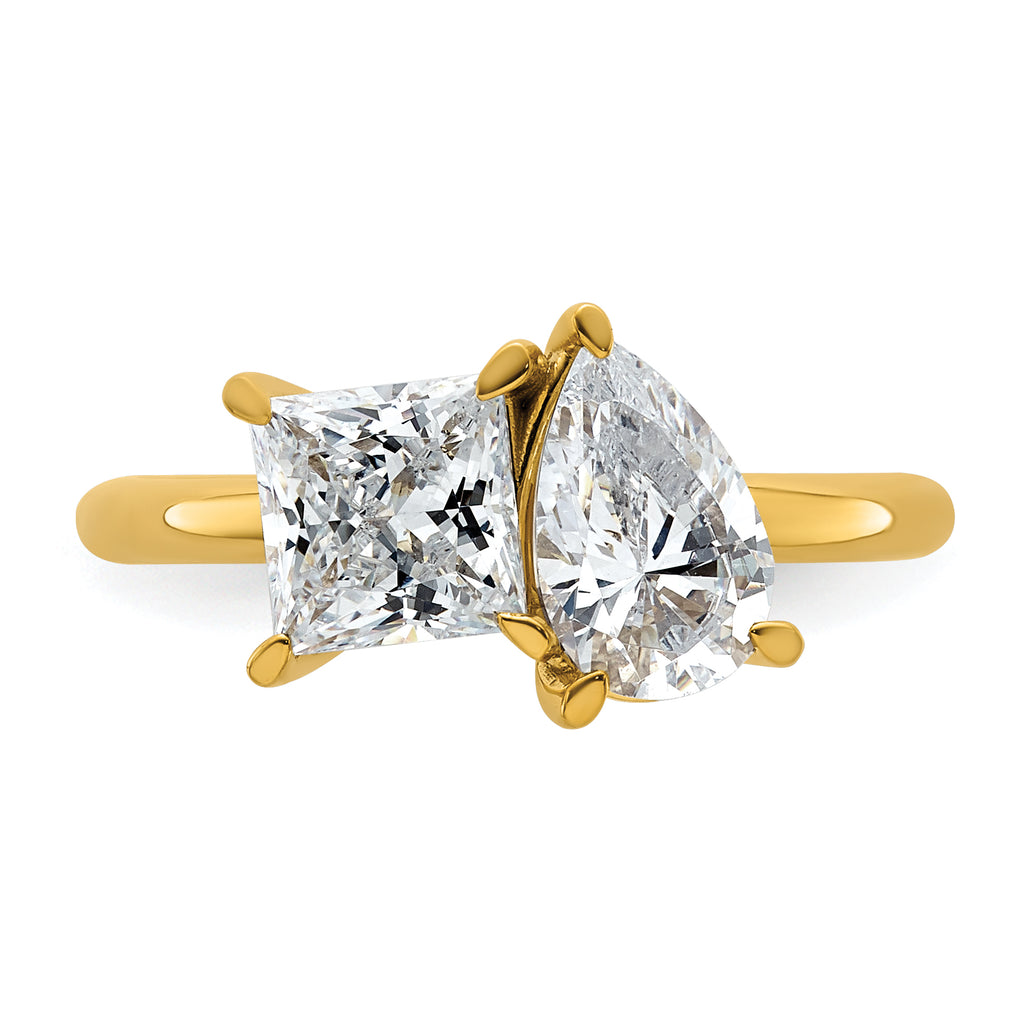 14k 2 carat Lab Grown Diamond VS+ F+ Princess and Pear Complete Asymmetrical Two Stone Engagement Ring