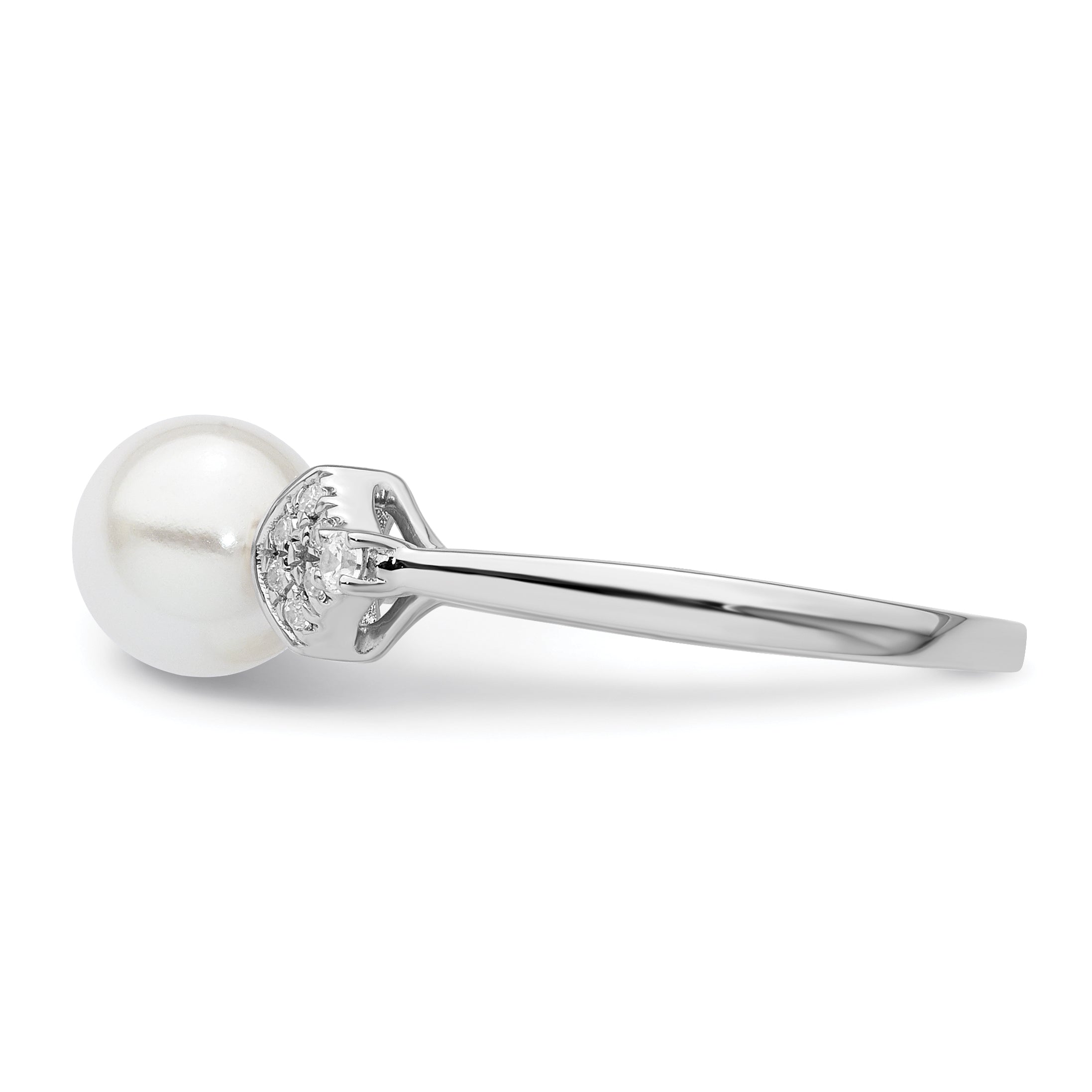 14K White Gold Polished 1/10 carat Diamond and White Freshwater Cultured Pearl Size 7 Ring