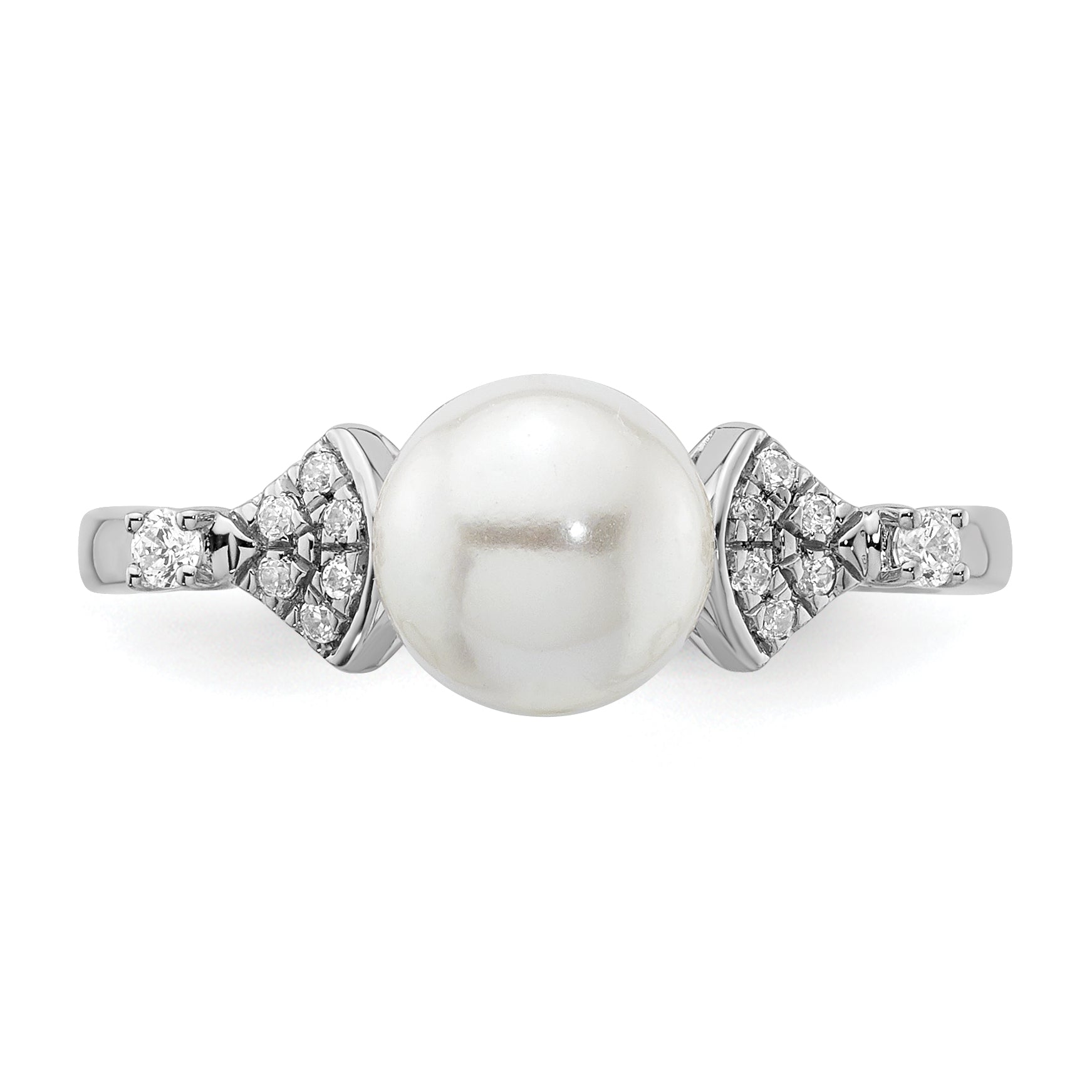 14K White Gold Polished 1/10 carat Diamond and White Freshwater Cultured Pearl Size 7 Ring